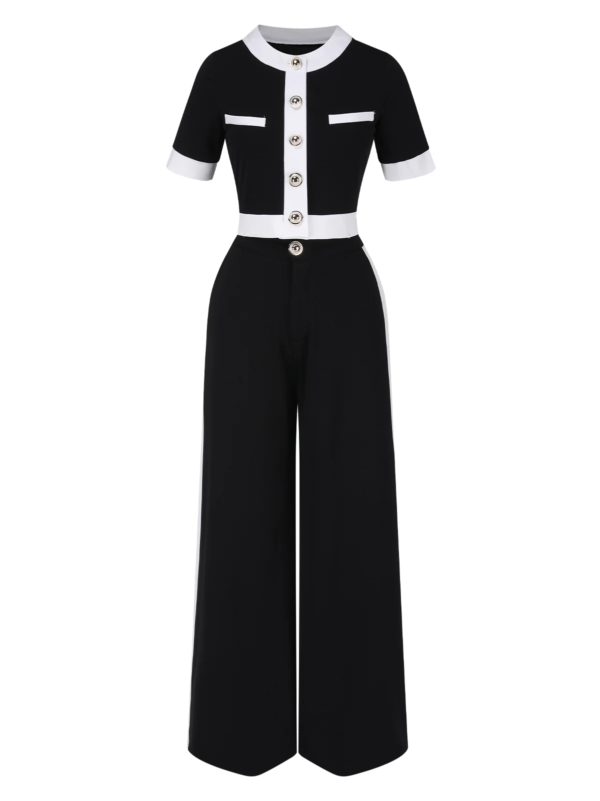 2PCS Black 1960s Solid Buttoned Top & Pants - Image 2