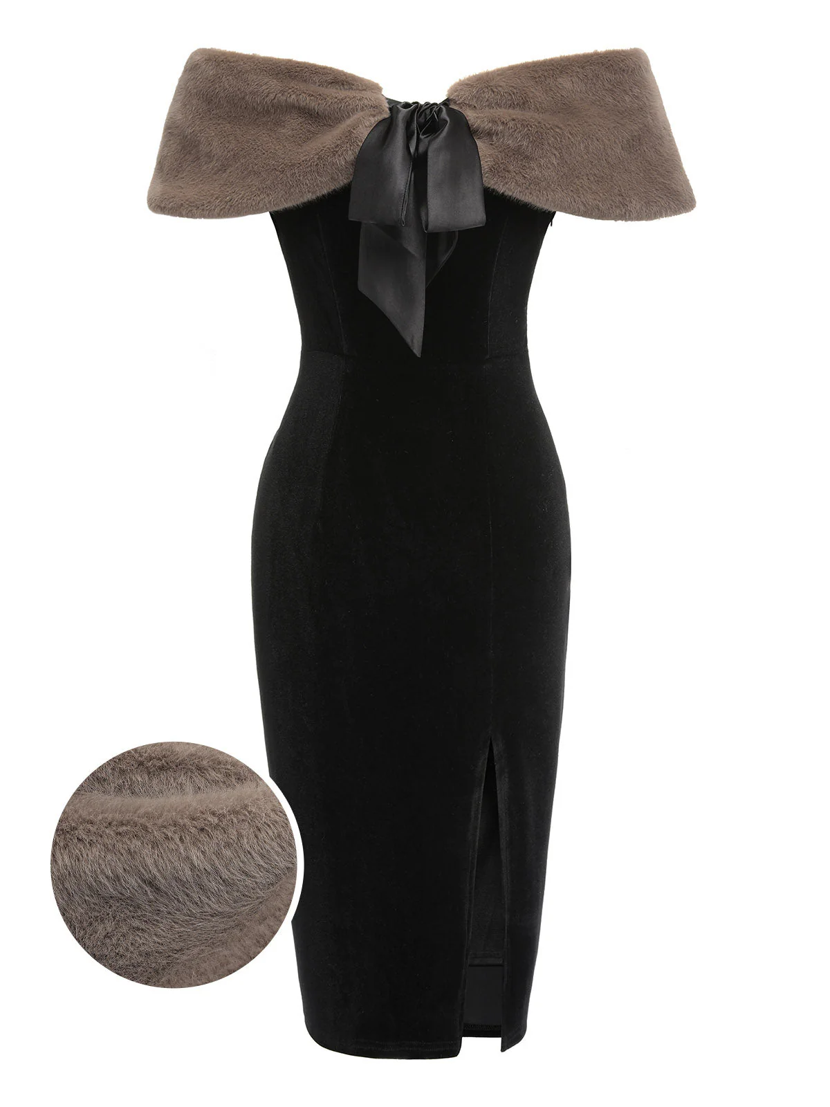 2PCS Black 1960s Solid Dress & Plush Cape - Image 3