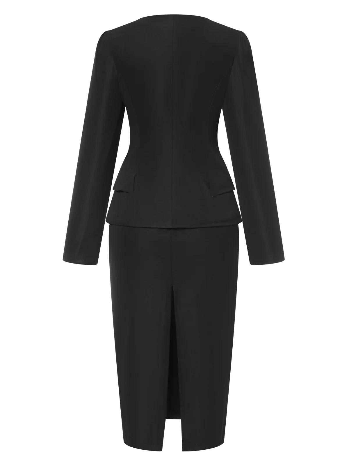 2PCS Black 1960s Solid Square Neck Top & Back-Slit Skirt - Image 2