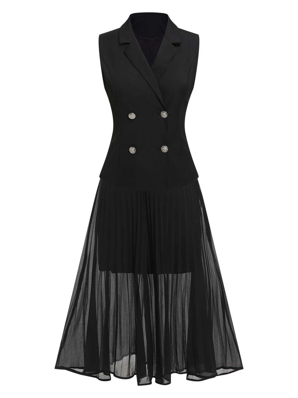 2PCS Black 1960s V-Neck Vest Top & Pleated Skirt - Image 2