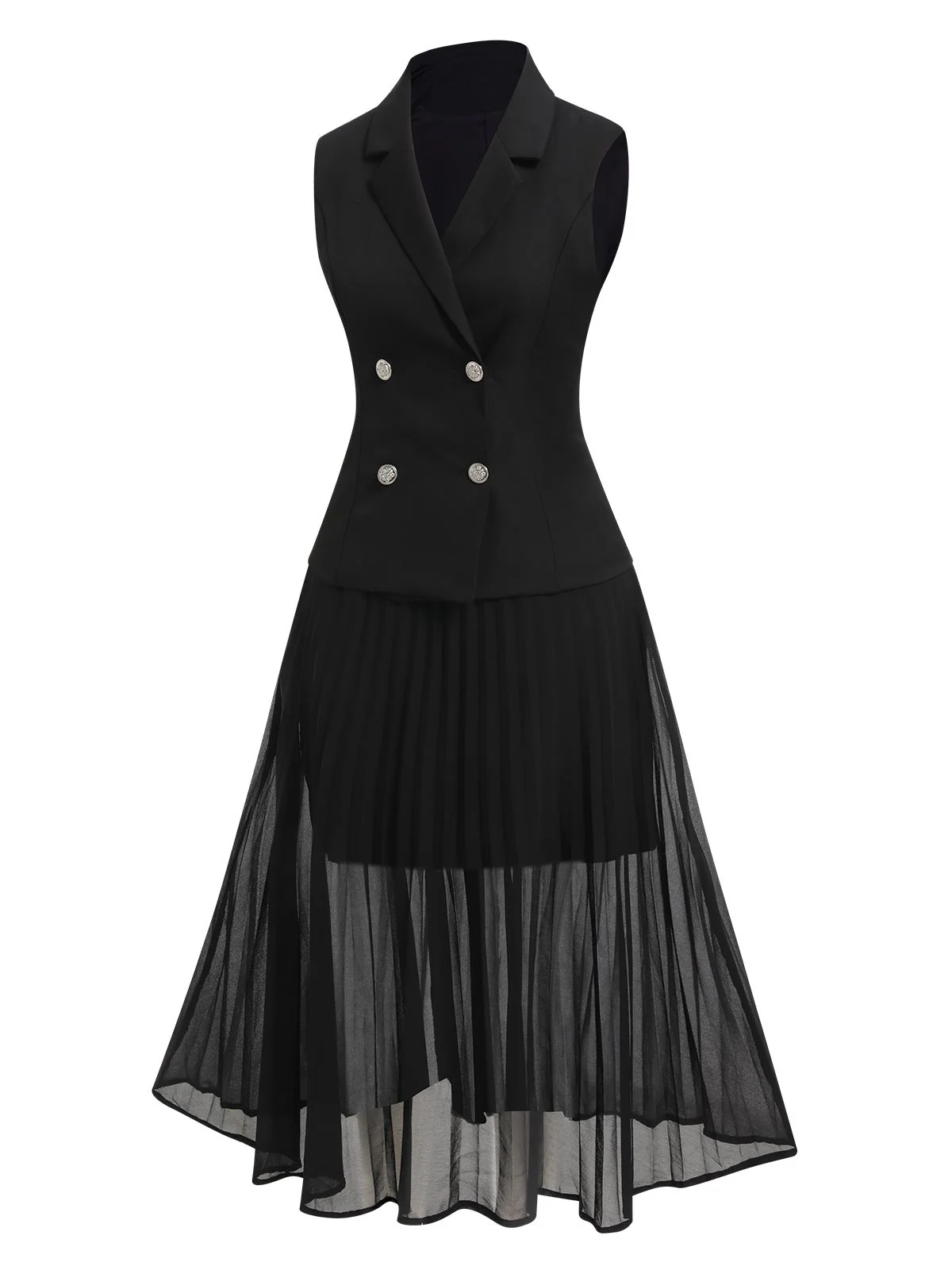2PCS Black 1960s V-Neck Vest Top & Pleated Skirt - Image 3