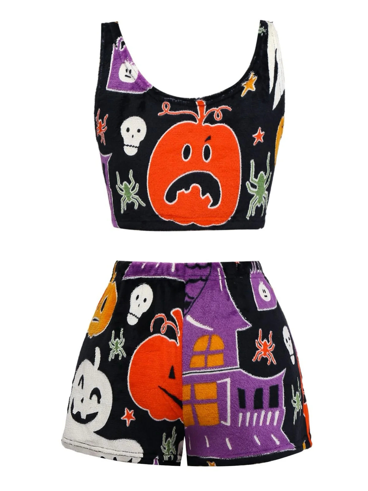 2PCS Black 1970s Glowing Halloween Ghost Flannel Pajama Set - Image 2