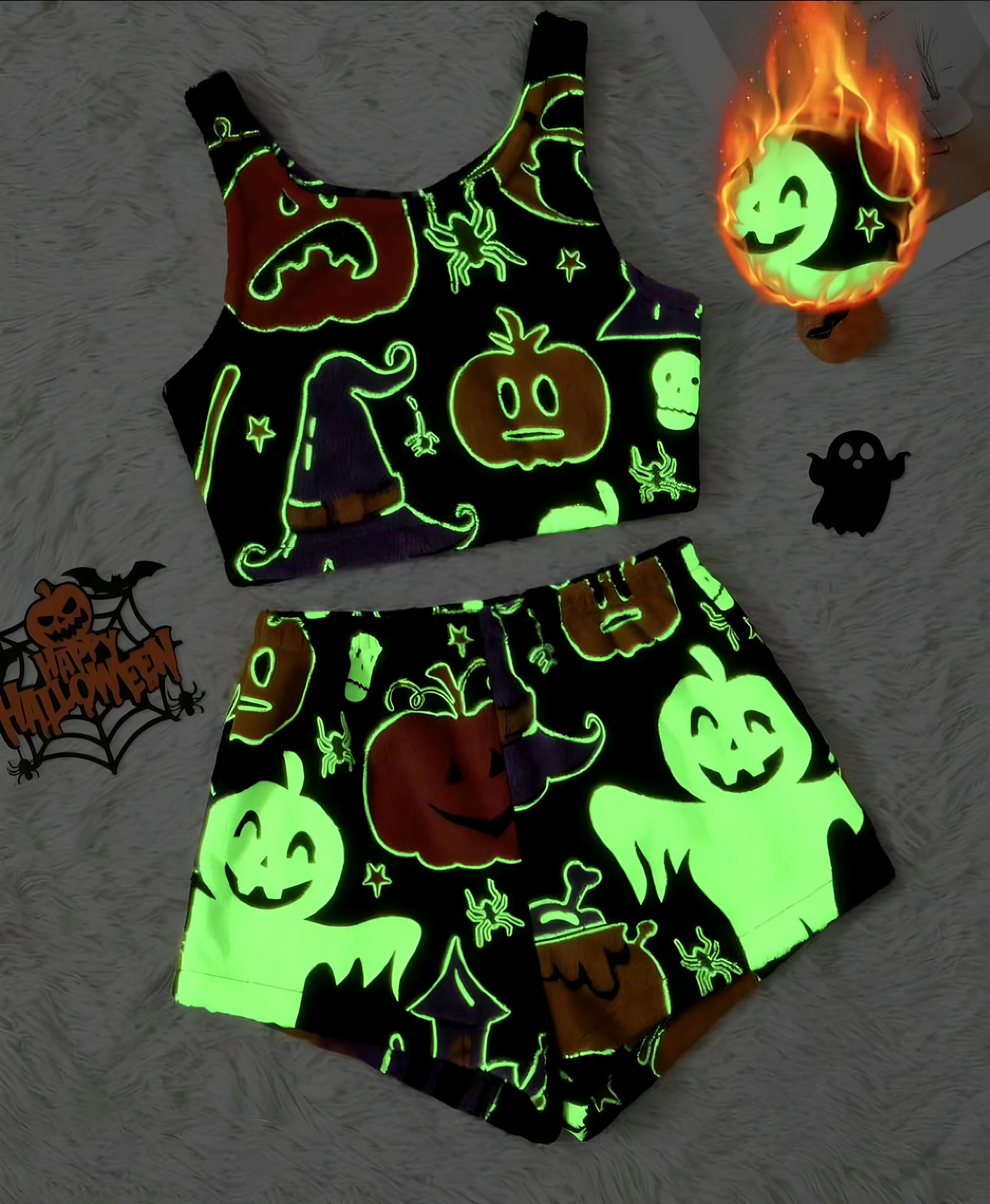 2PCS Black 1970s Glowing Halloween Ghost Flannel Pajama Set - Image 3