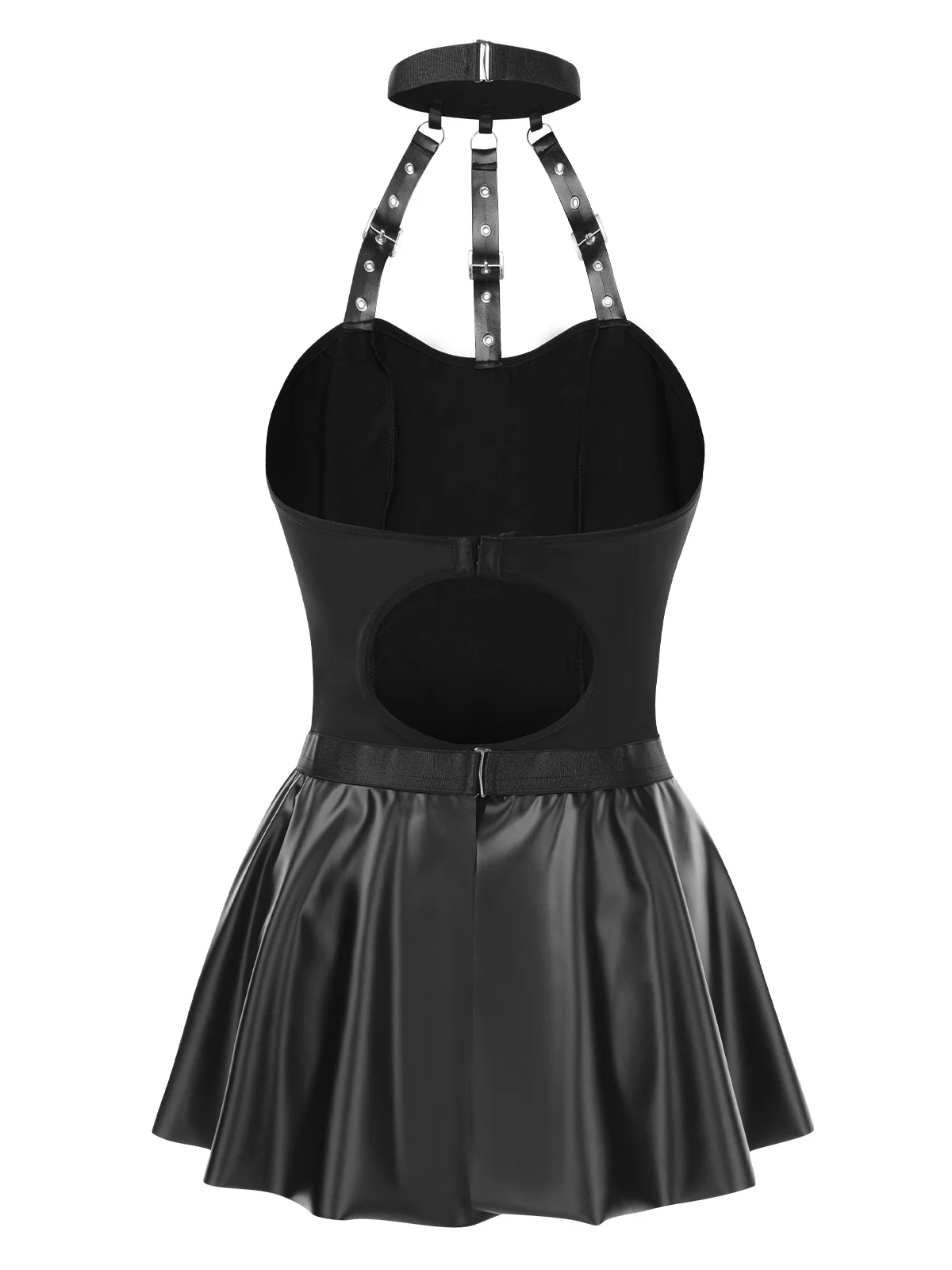 2PCS Black 1980s Gothic PU Leather Halter Top & Skirt - Image 2