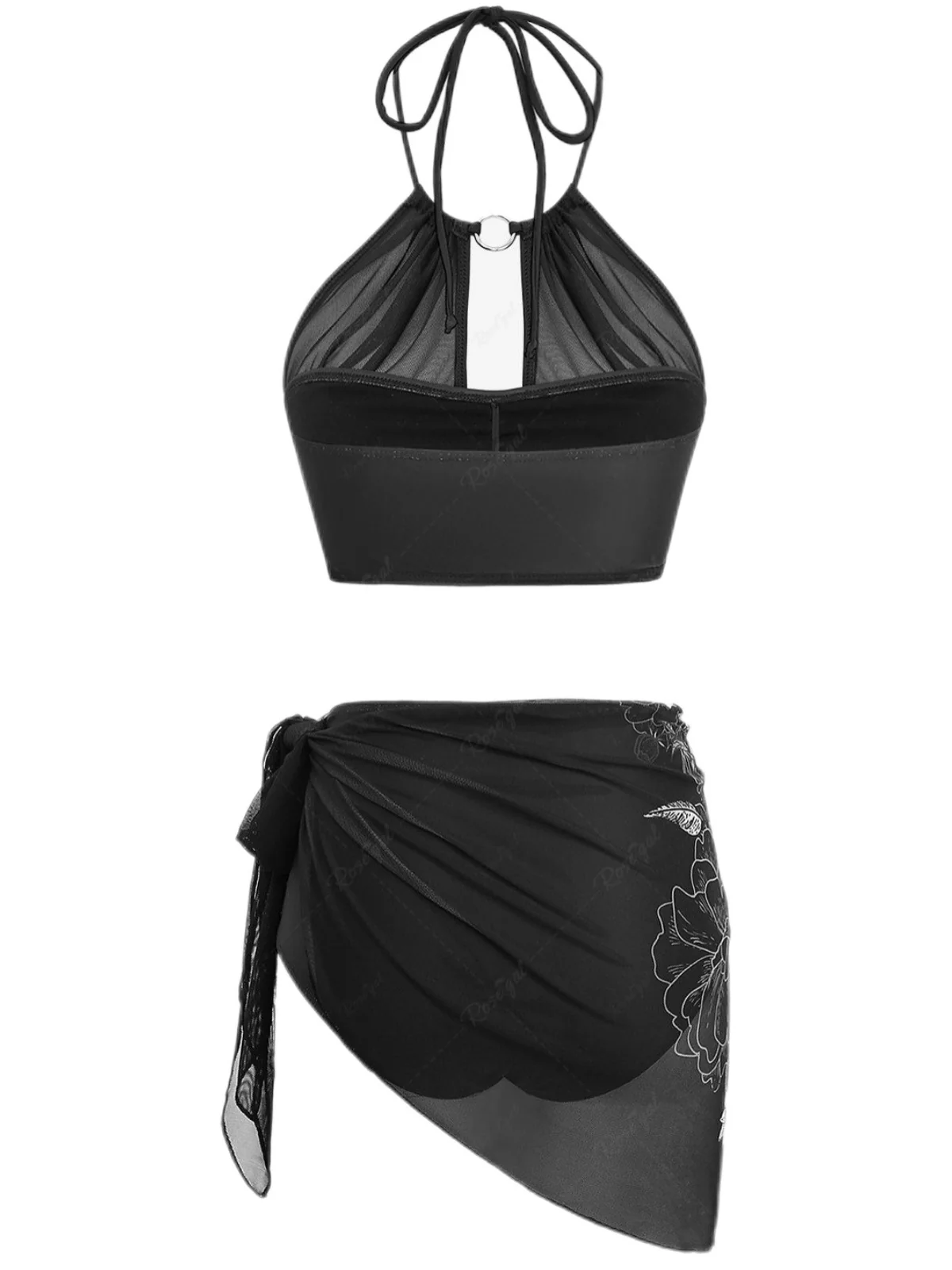 2PCS Black 1980s Gothic Skull Mesh Halter Bikini Set & Cover Up - Image 2
