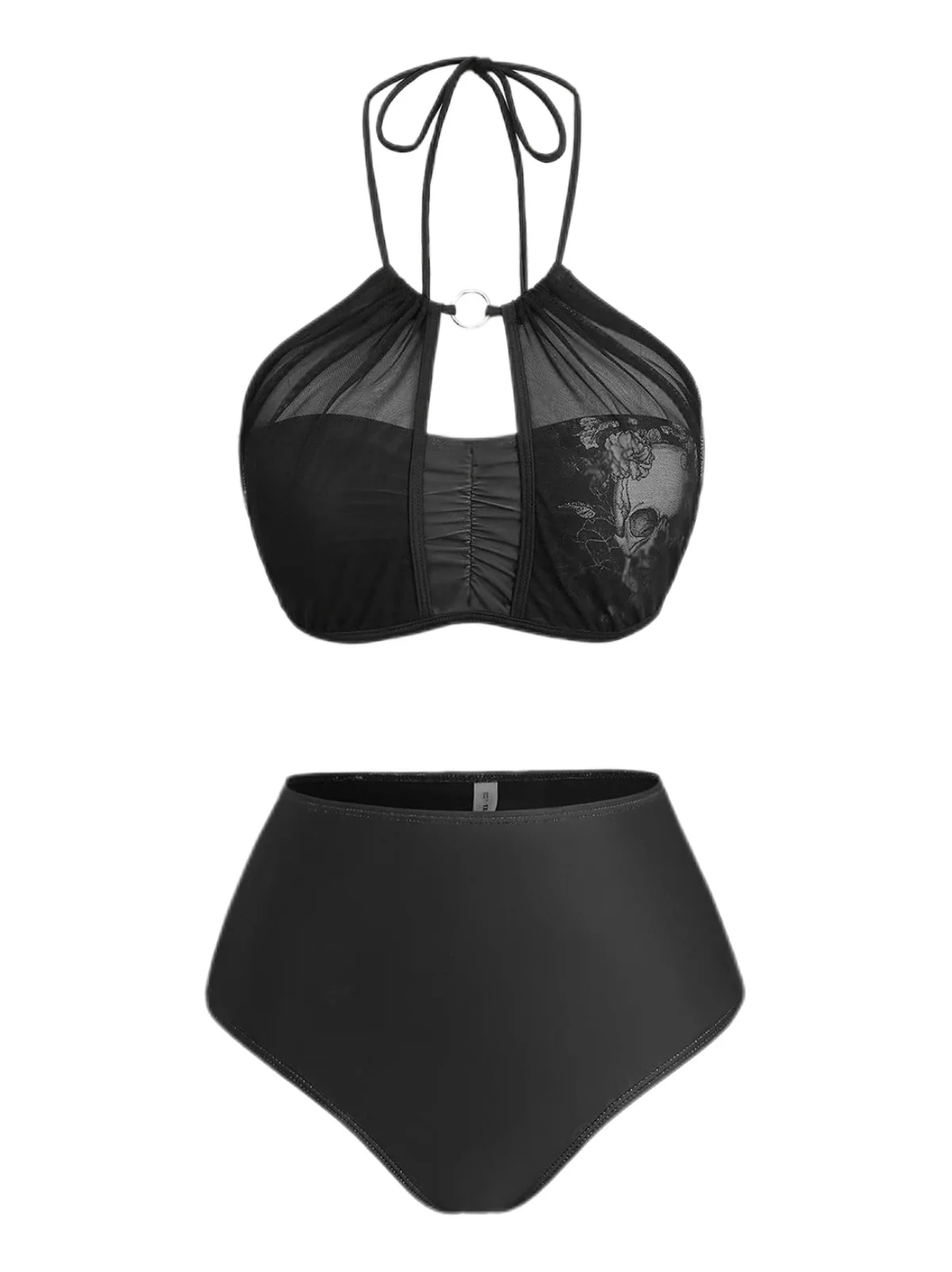 2PCS Black 1980s Gothic Skull Mesh Halter Bikini Set & Cover Up - Image 3