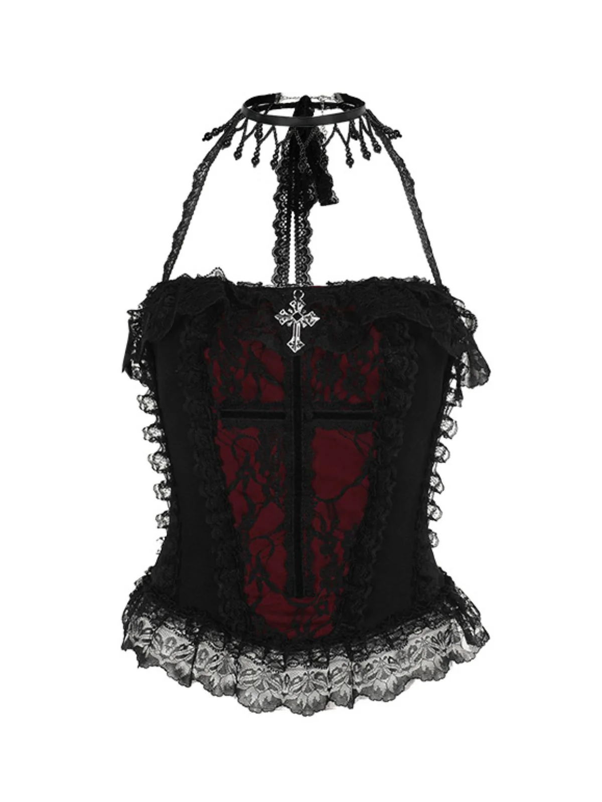 2PCS Black 1980s Gothic Steampunk Halter Cross Camisole & Mini Skirt - Image 7