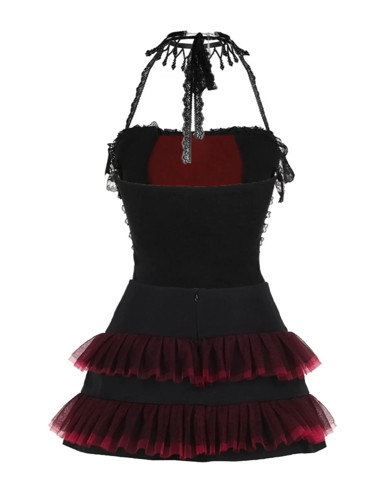2PCS Black 1980s Gothic Steampunk Halter Cross Camisole & Mini Skirt - Image 2