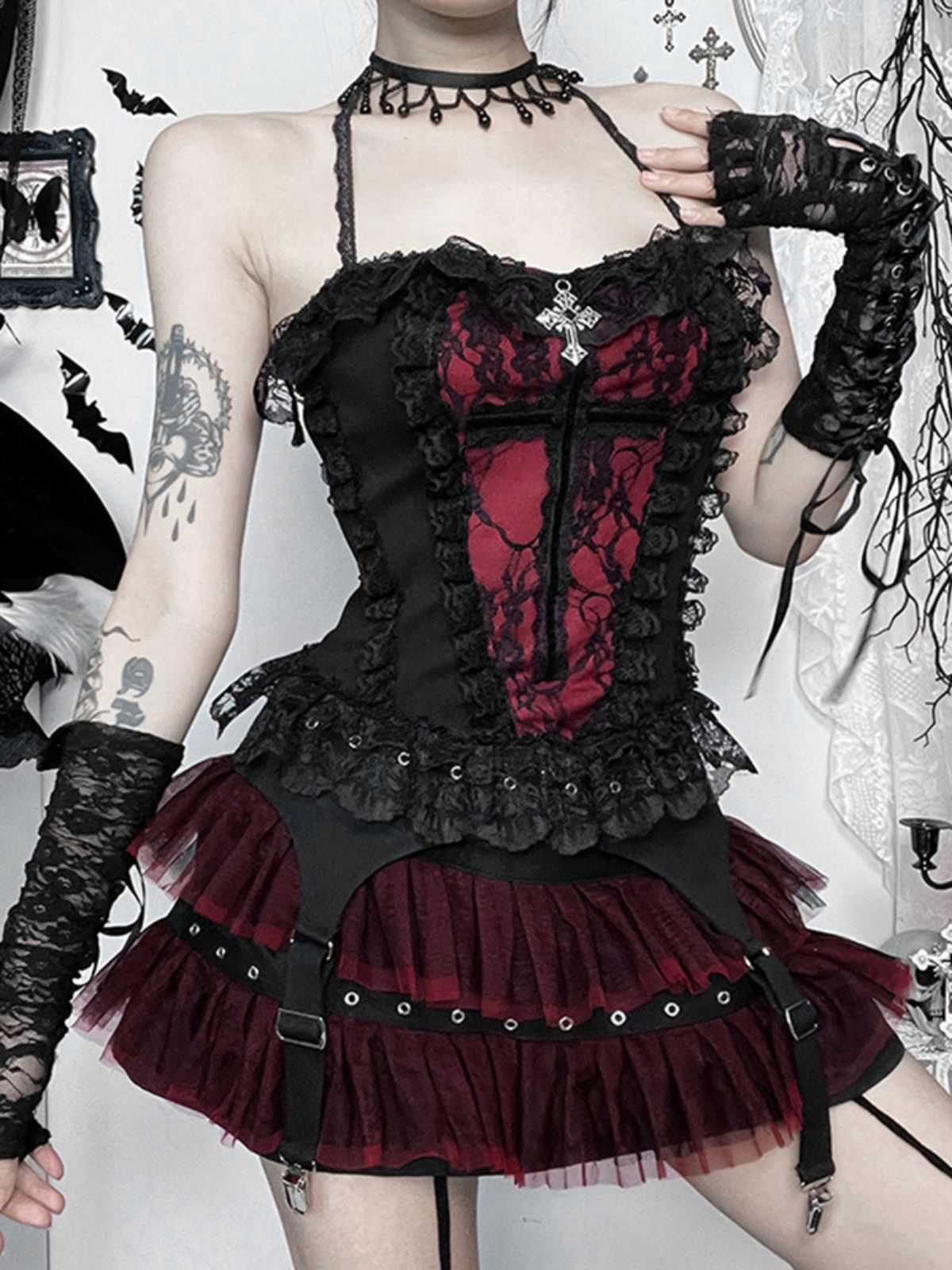 2PCS Black 1980s Gothic Steampunk Halter Cross Camisole & Mini Skirt - Image 3