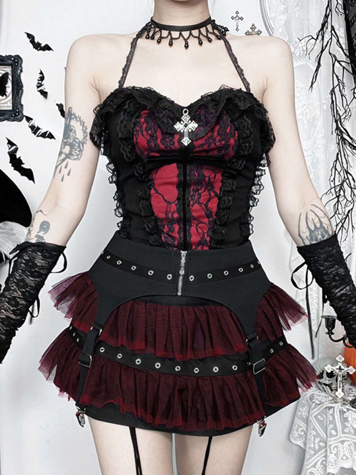 2PCS Black 1980s Gothic Steampunk Halter Cross Camisole & Mini Skirt - Image 4