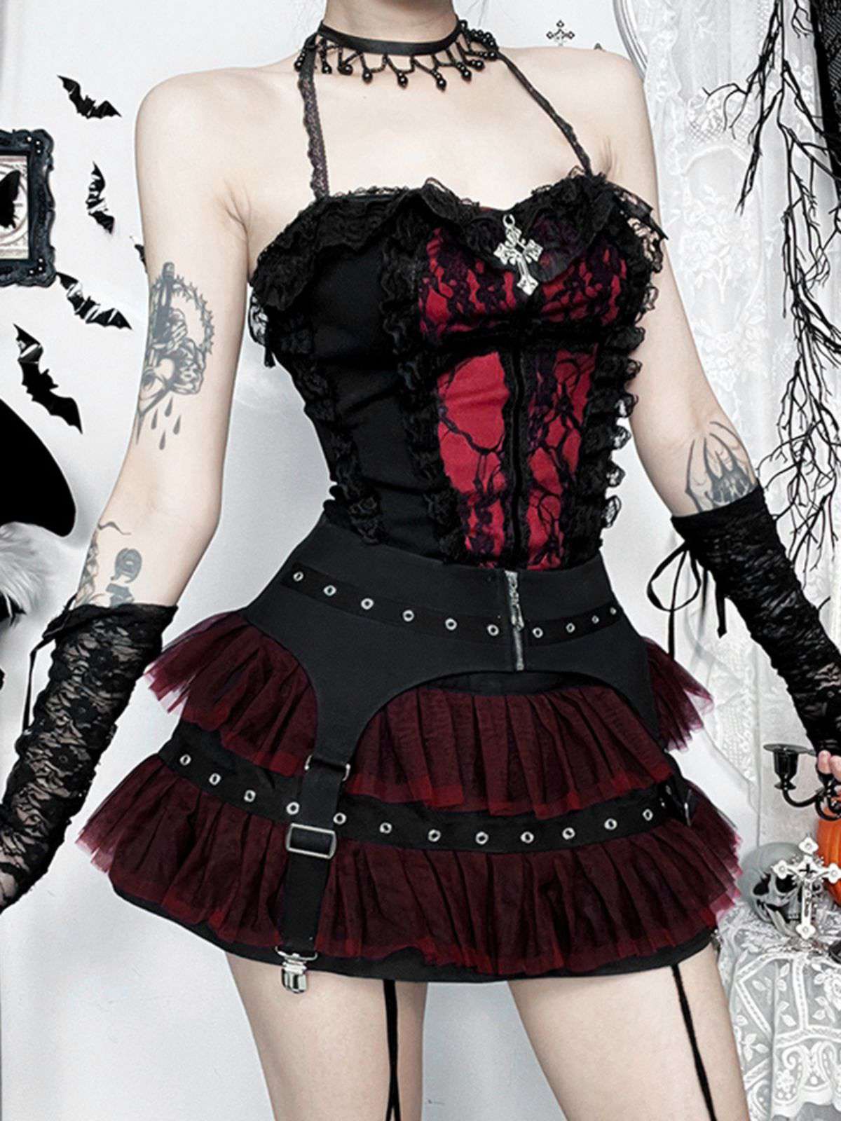 2PCS Black 1980s Gothic Steampunk Halter Cross Camisole & Mini Skirt - Image 5