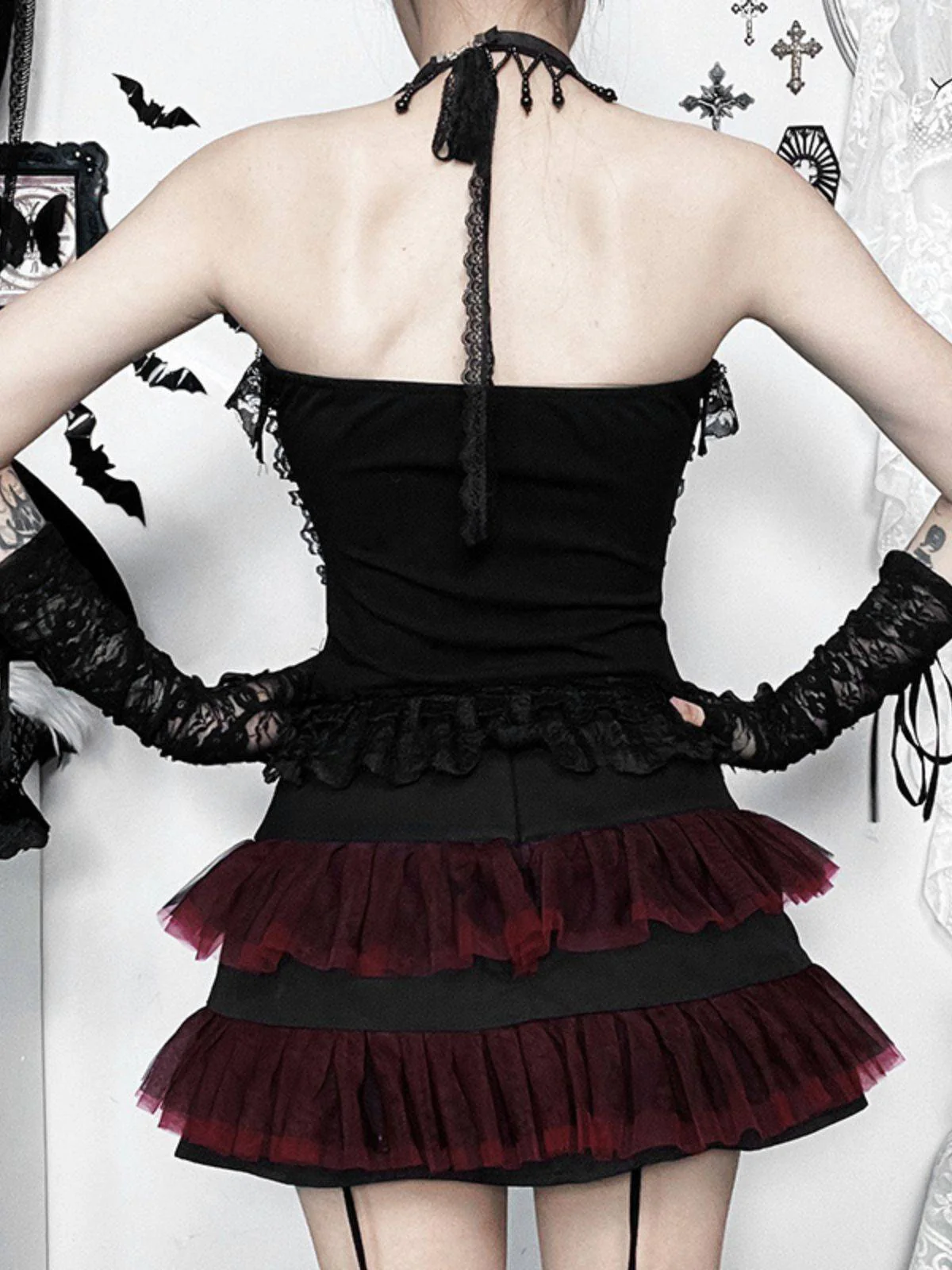 2PCS Black 1980s Gothic Steampunk Halter Cross Camisole & Mini Skirt - Image 6