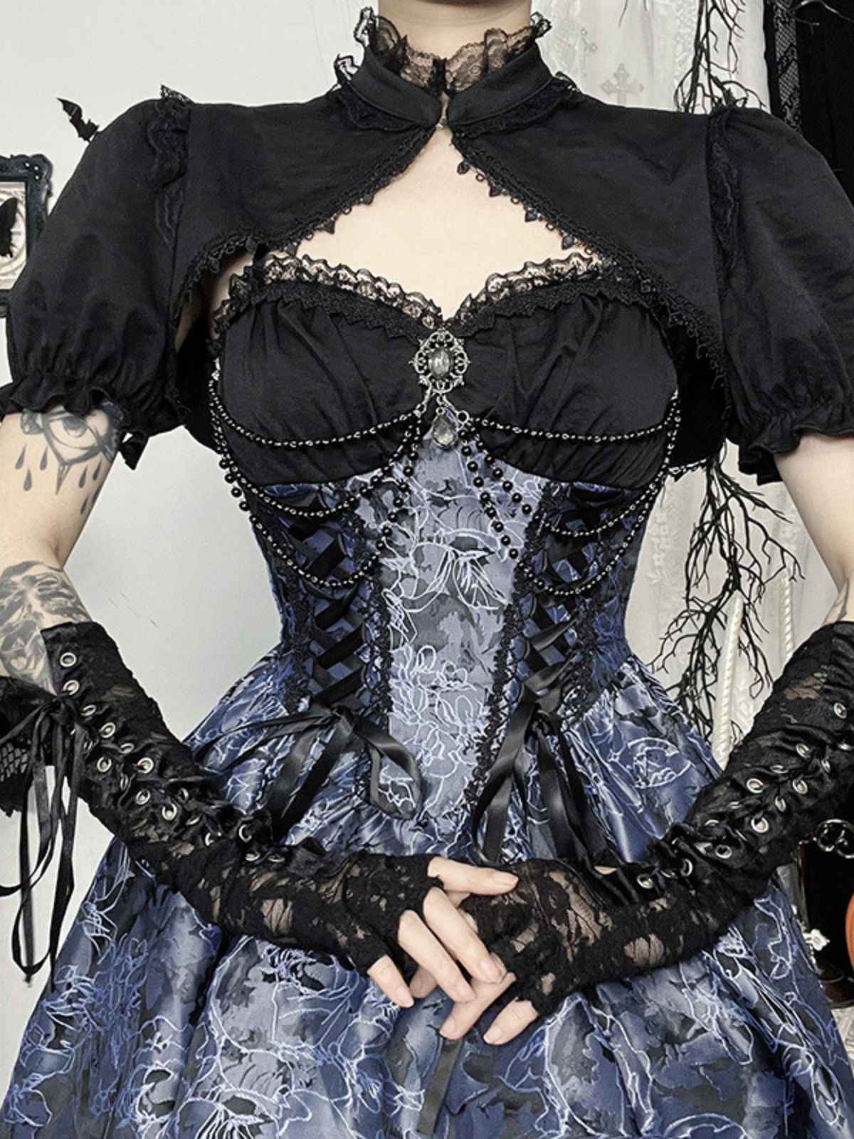 2PCS Black & Blue 1980s Gothic Cape Cardigan & Floral Embroidered Dress - Image 2