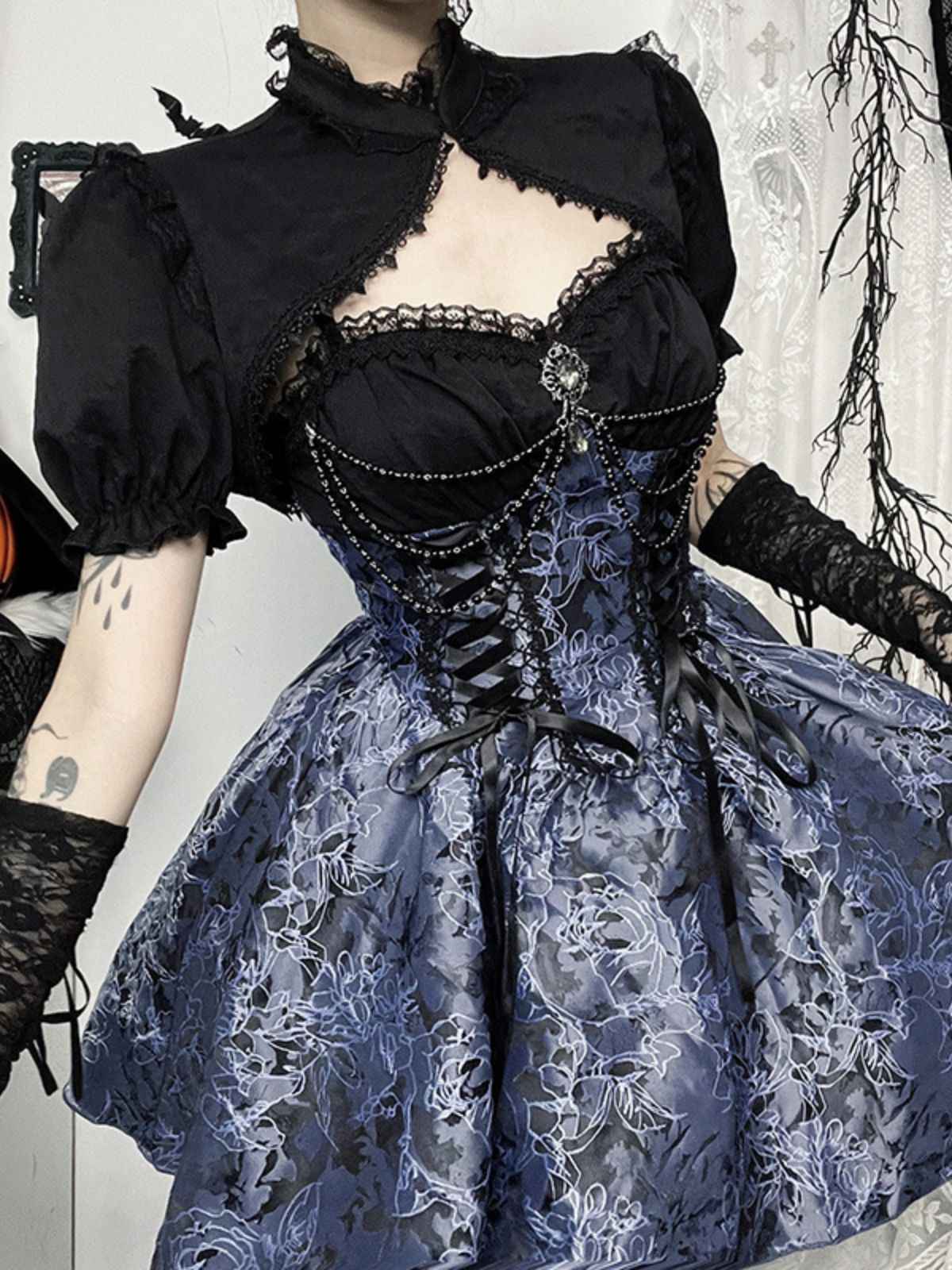 2PCS Black & Blue 1980s Gothic Cape Cardigan & Floral Embroidered Dress - Image 3