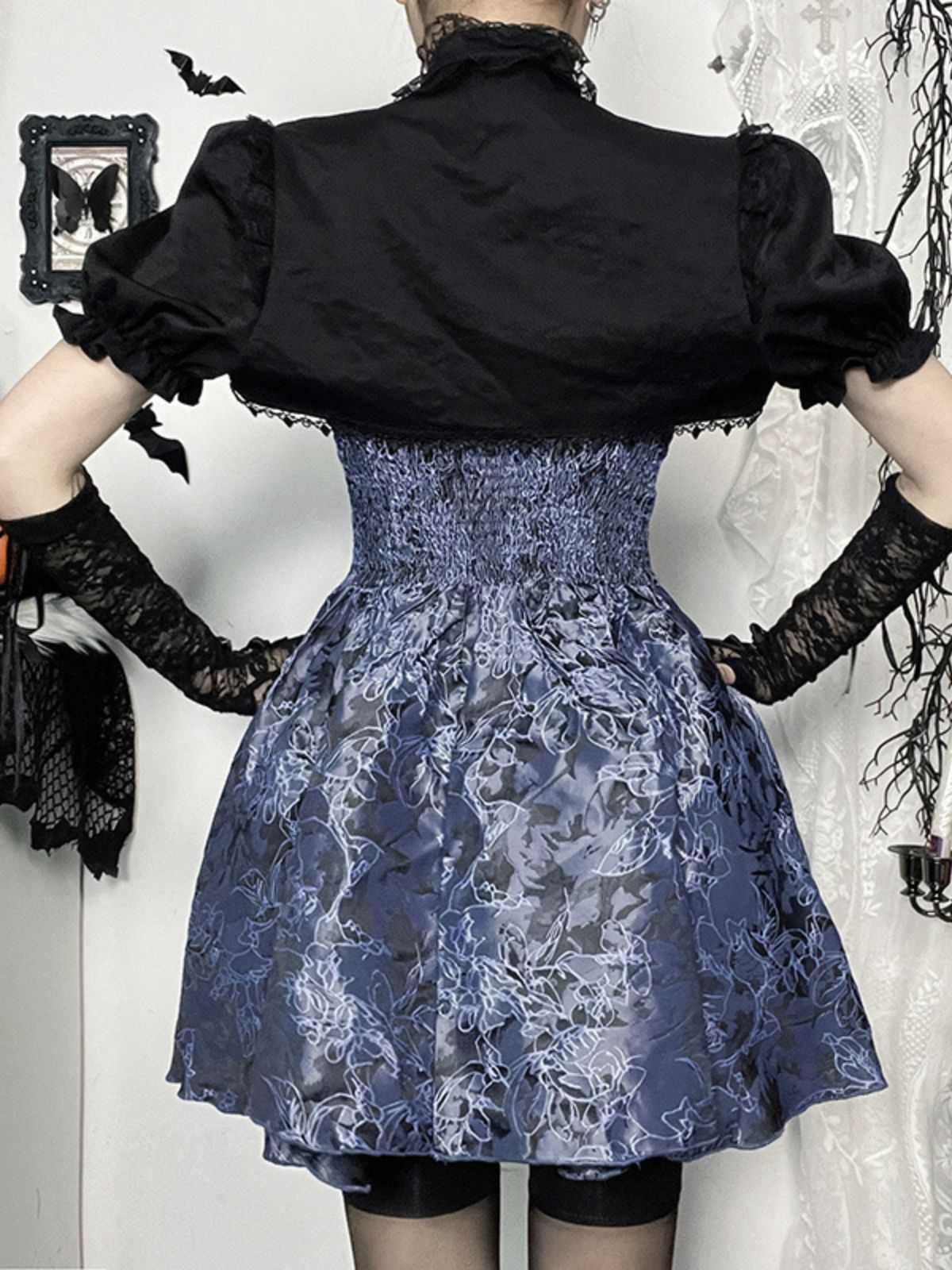 2PCS Black & Blue 1980s Gothic Cape Cardigan & Floral Embroidered Dress - Image 4