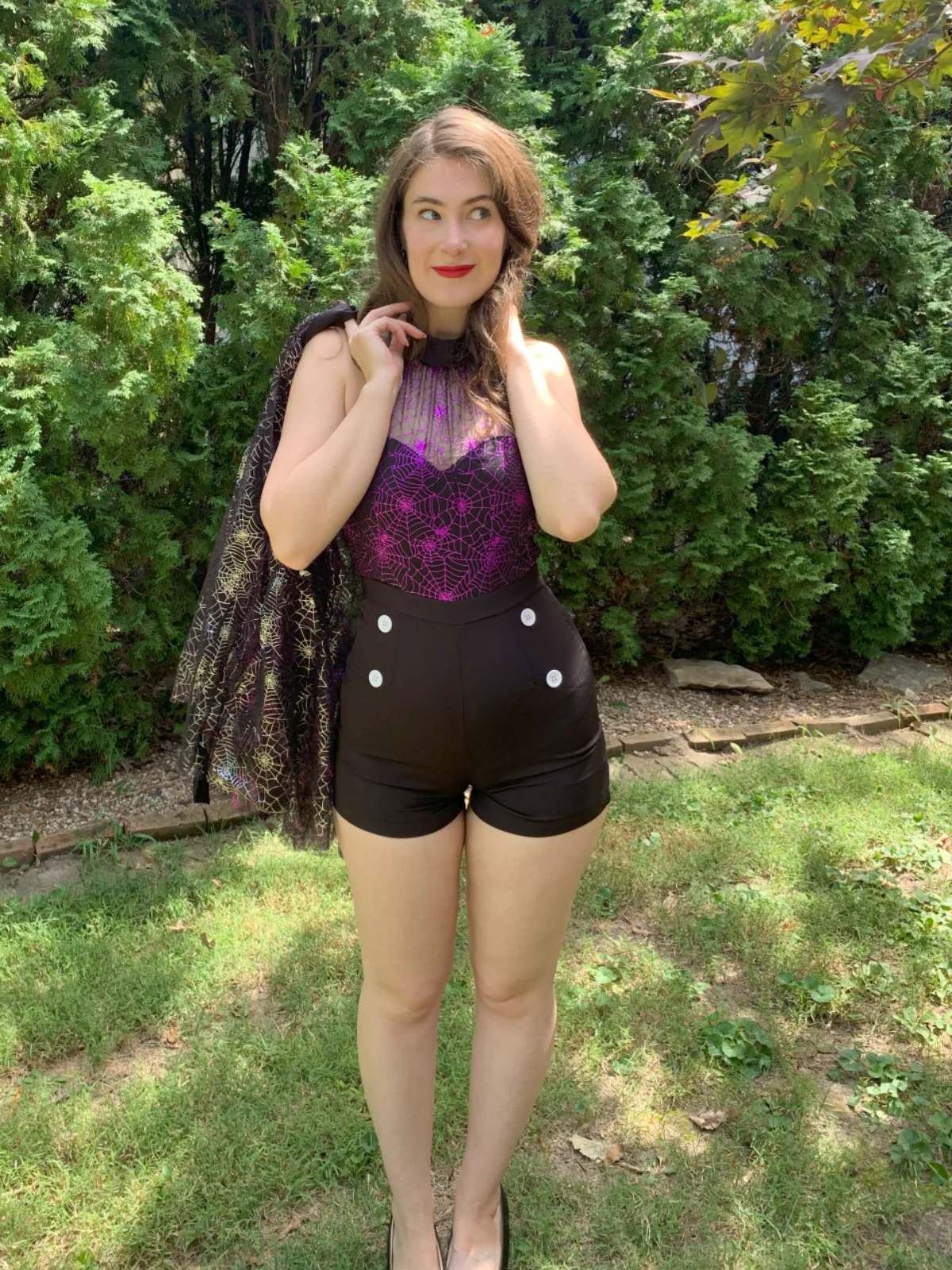 2PCS Black & Purple 1950s Spiderweb Mesh Romper & Skirt Cover-Up - Image 2