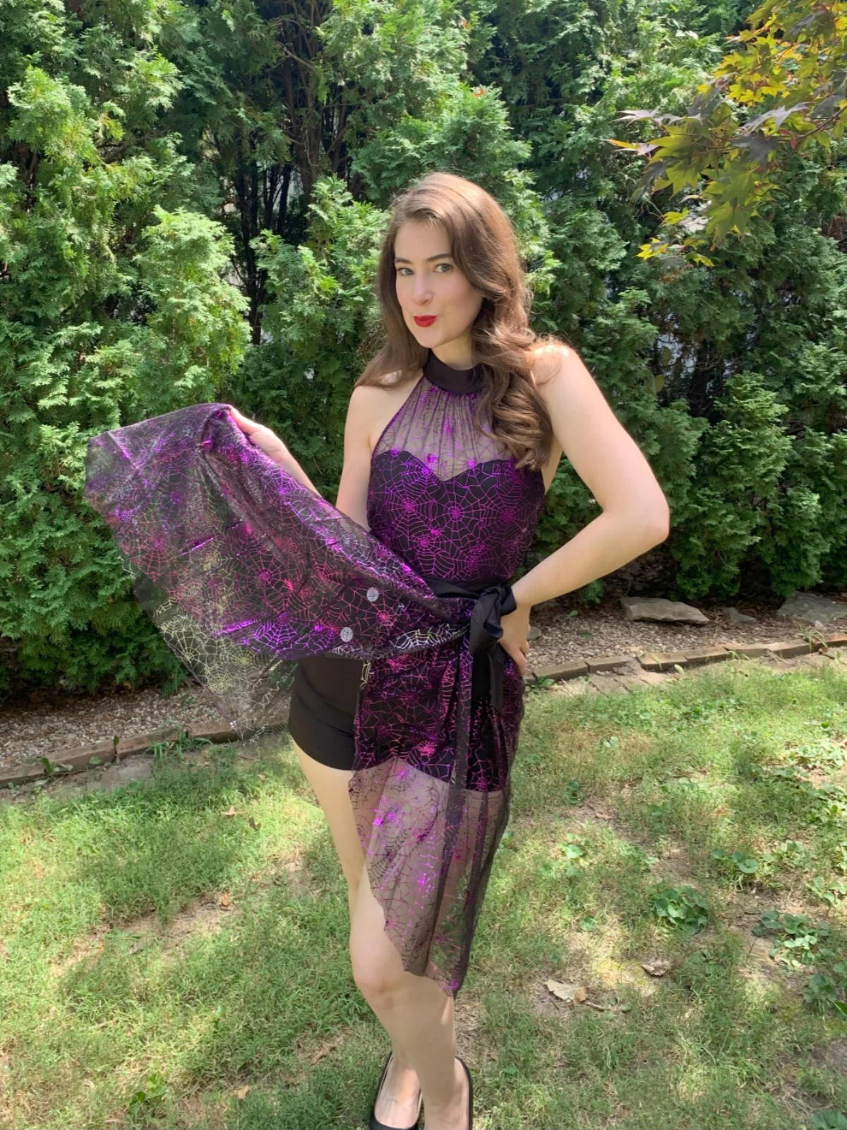 2PCS Black & Purple 1950s Spiderweb Mesh Romper & Skirt Cover-Up - Image 3