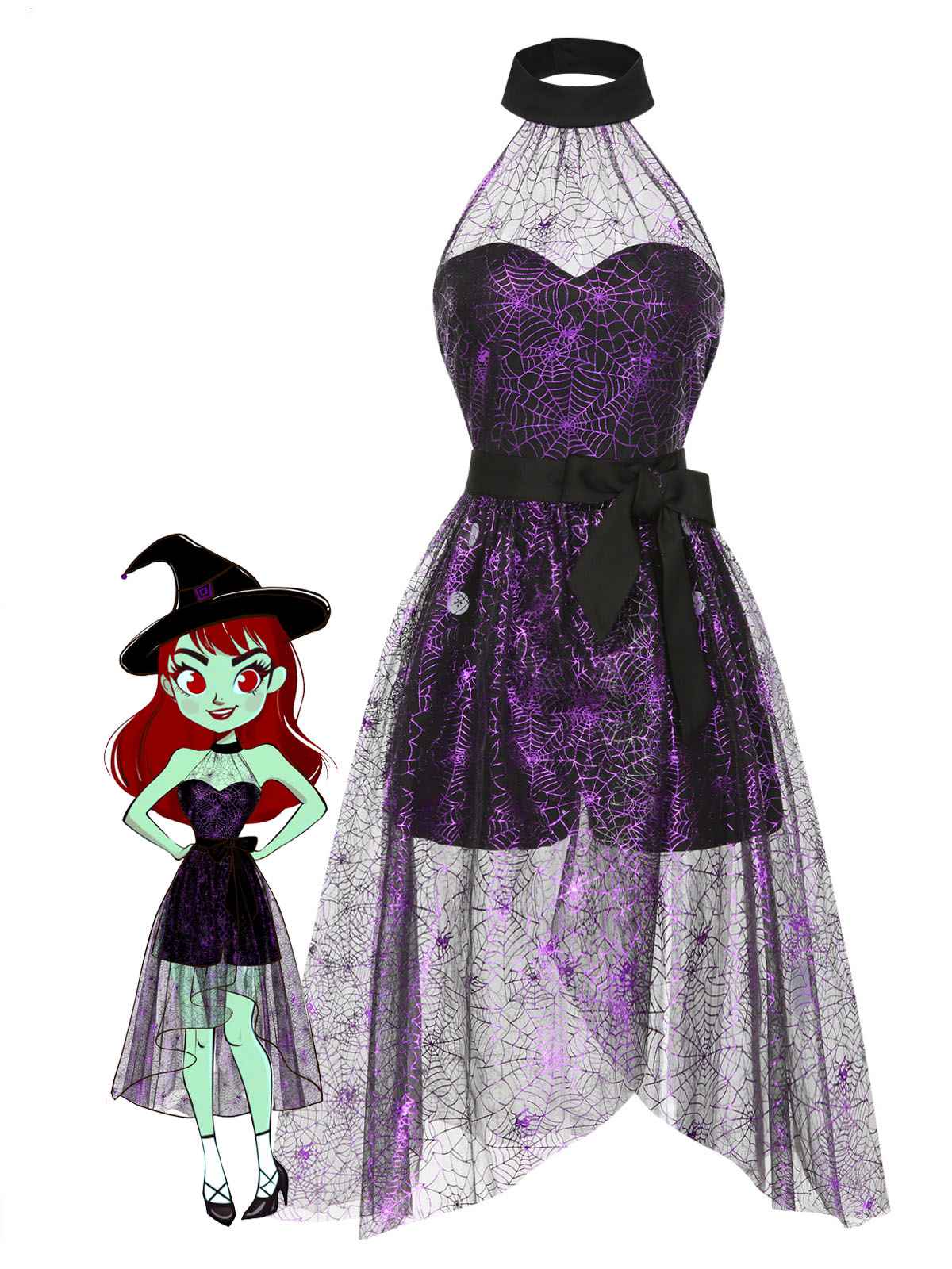 2PCS Black & Purple 1950s Spiderweb Mesh Romper & Skirt Cover-Up - Image 4