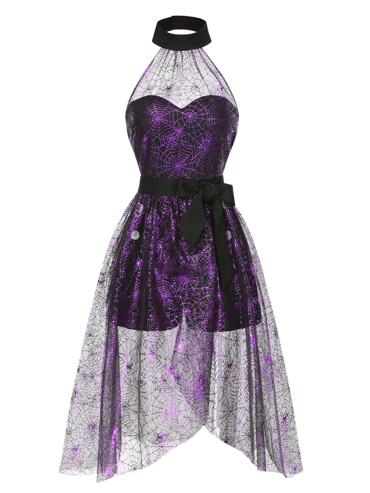 2PCS Black & Purple 1950s Spiderweb Mesh Romper & Skirt Cover-Up - Image 5