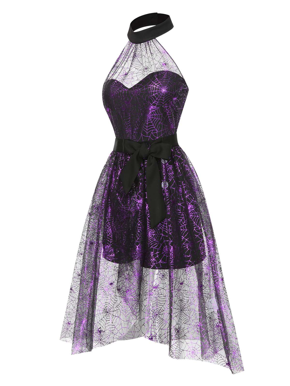 2PCS Black & Purple 1950s Spiderweb Mesh Romper & Skirt Cover-Up - Image 7