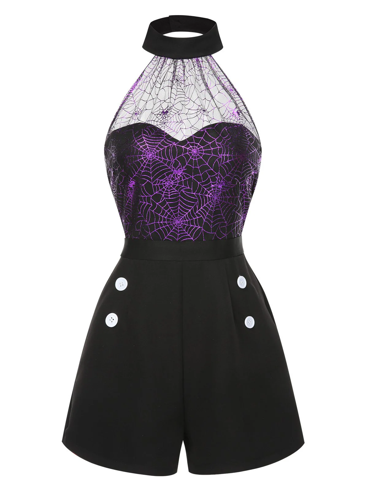 2PCS Black & Purple 1950s Spiderweb Mesh Romper & Skirt Cover-Up - Image 8