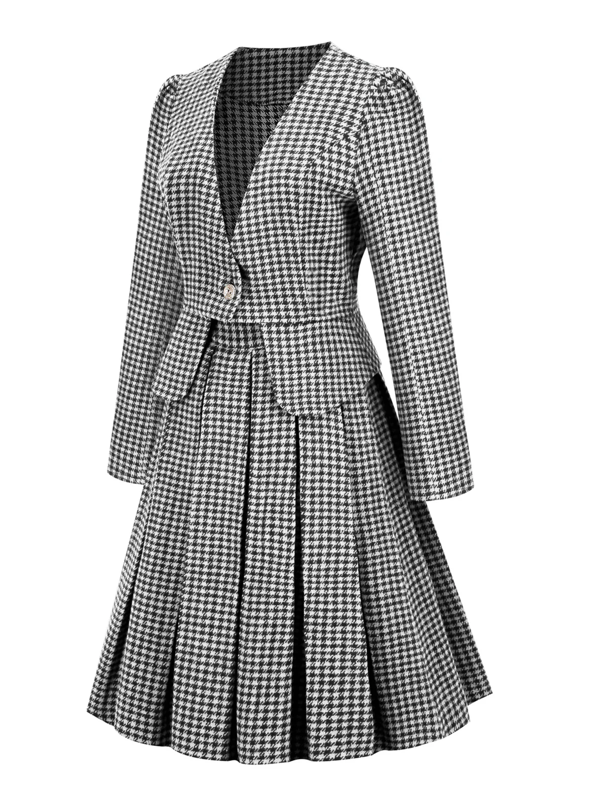 2PCS Black Retro Plaid Blazer & Panel Skirt - Image 2