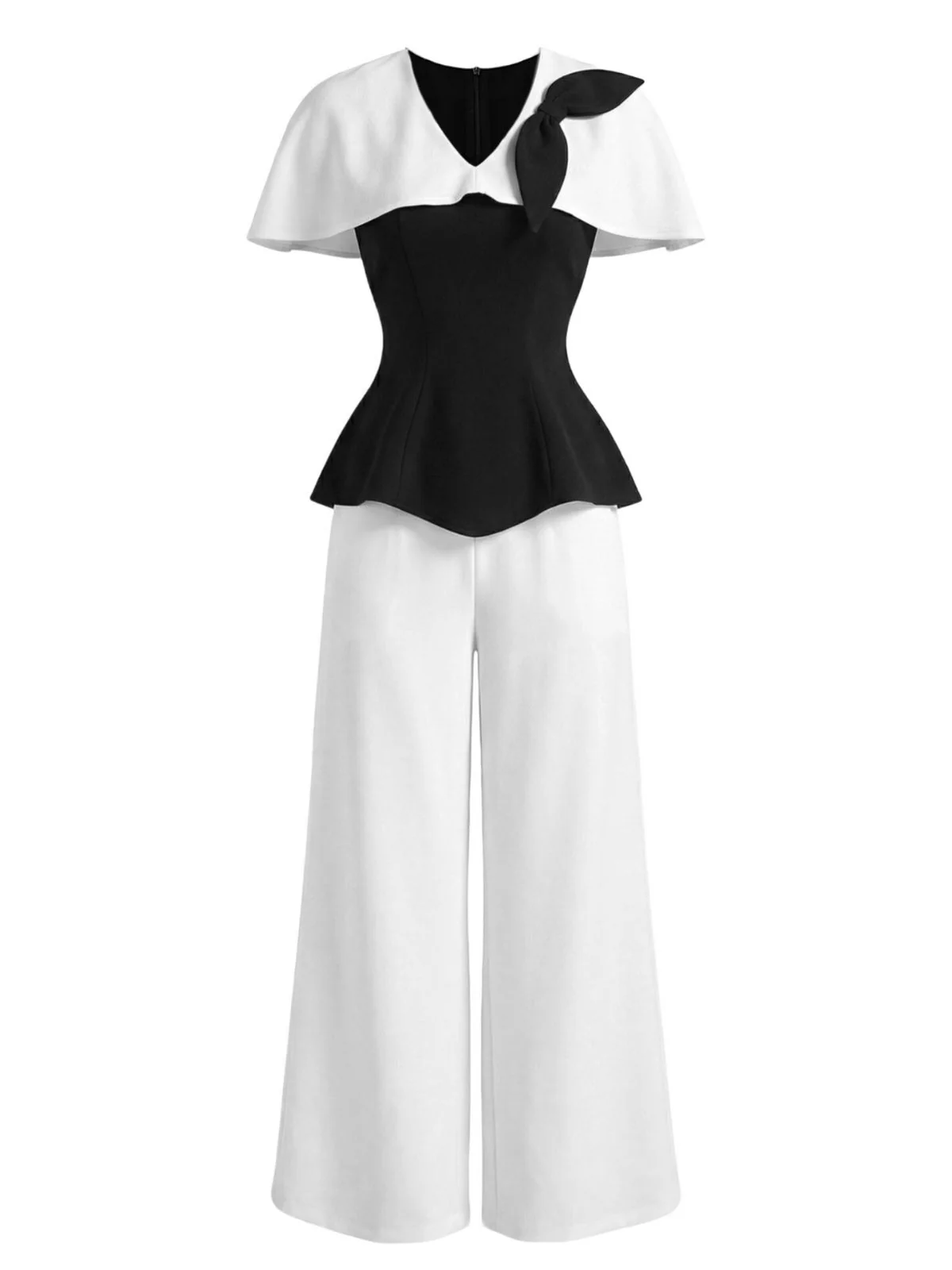 2PCS Black & White 1950s Cape Collar ColorBlock Top & Pants - Image 2