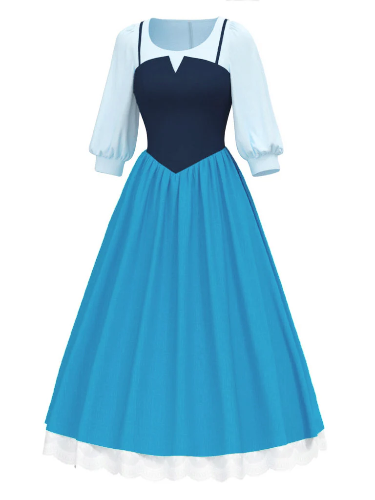 2PCS Blue 1940s Blouse & Colorblock Suspender Dress - Image 2