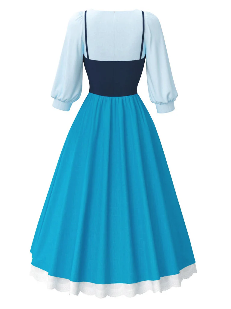 2PCS Blue 1940s Blouse & Colorblock Suspender Dress - Image 3