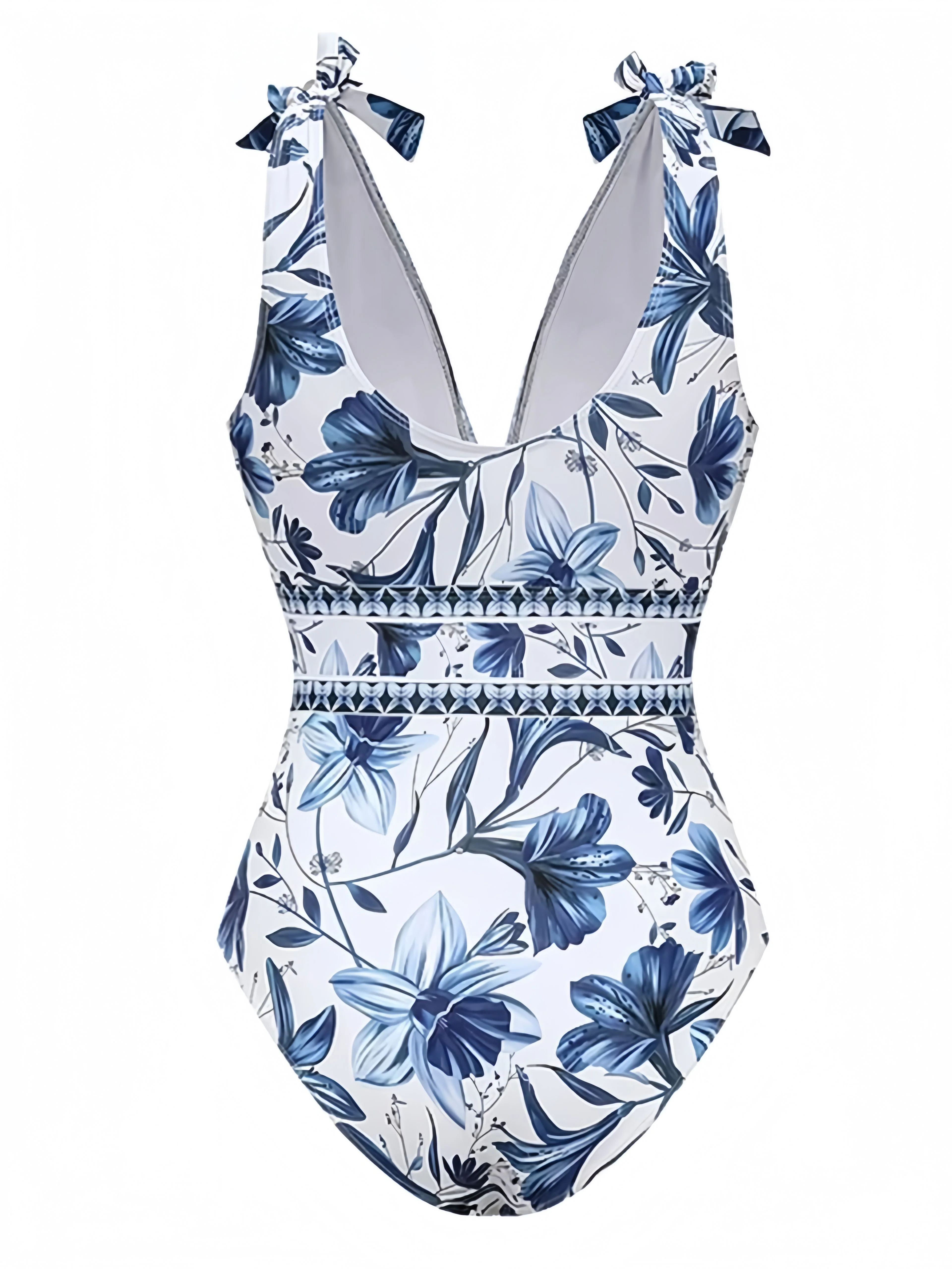 2PCS Blue 1940s Floral Tie-Shoulder Swimsuit Cover-Up - Image 3