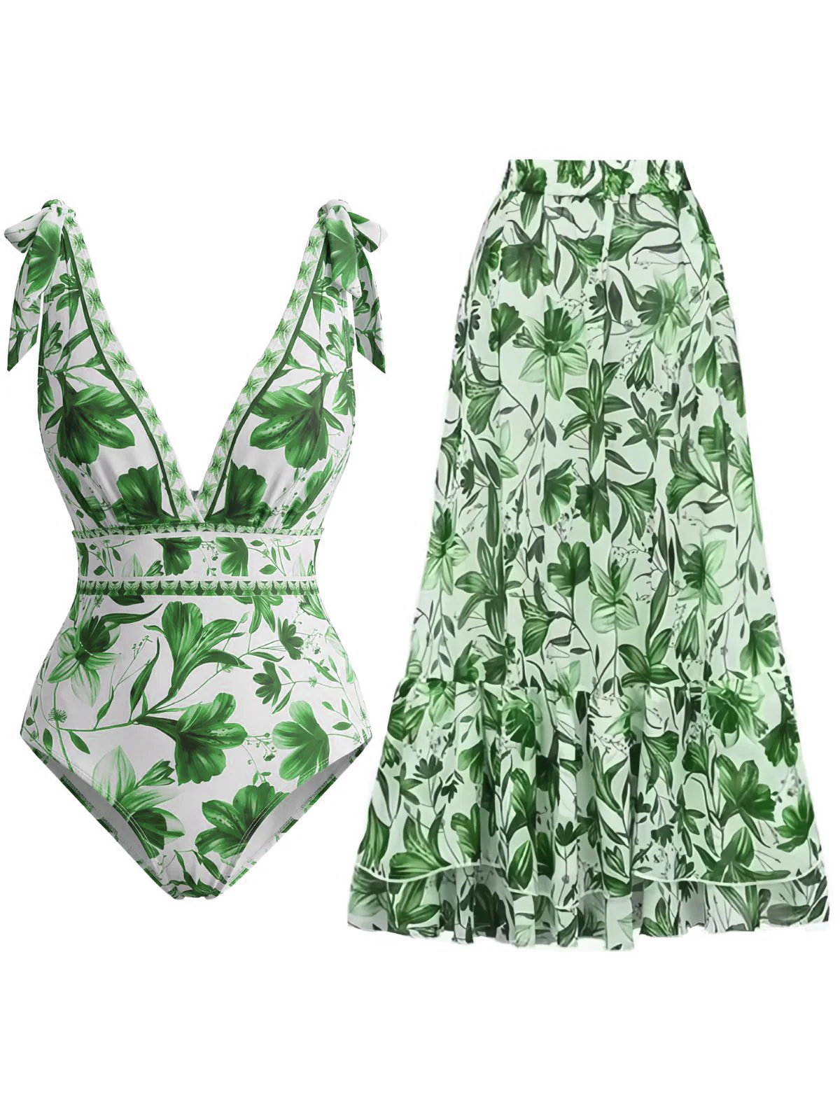 2PCS Blue 1940s Floral Tie-Shoulder Swimsuit Cover-Up - Image 5