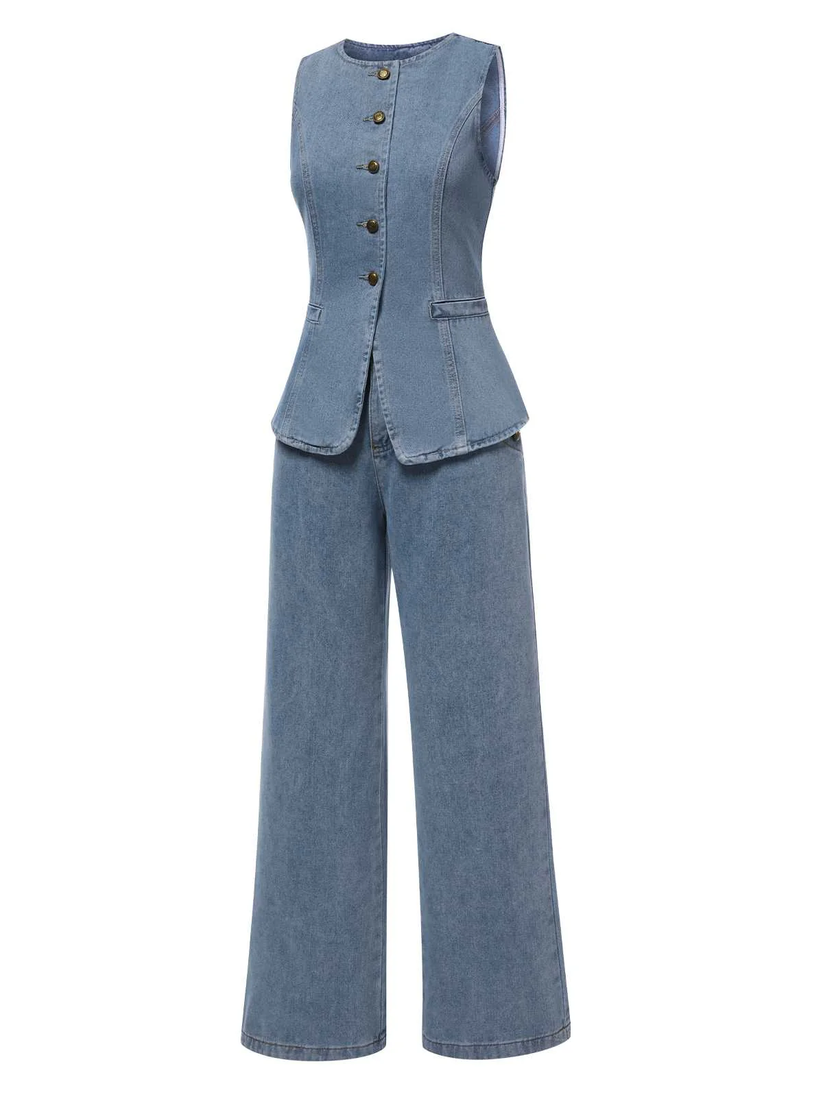 2PCS Blue 1940s Sleeveless Vest & Wide-Leg Denim Jeans - Image 2