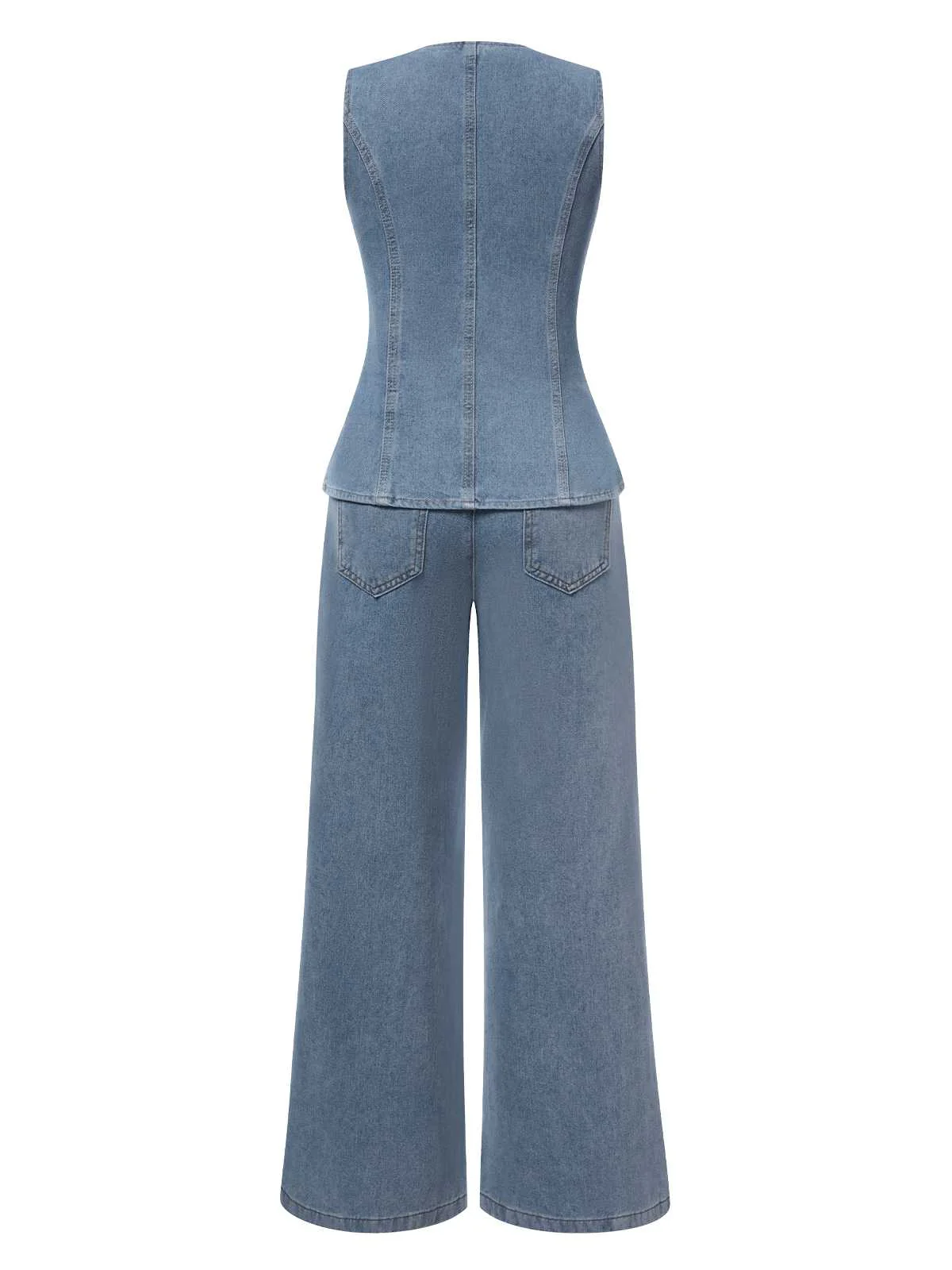 2PCS Blue 1940s Sleeveless Vest & Wide-Leg Denim Jeans - Image 3
