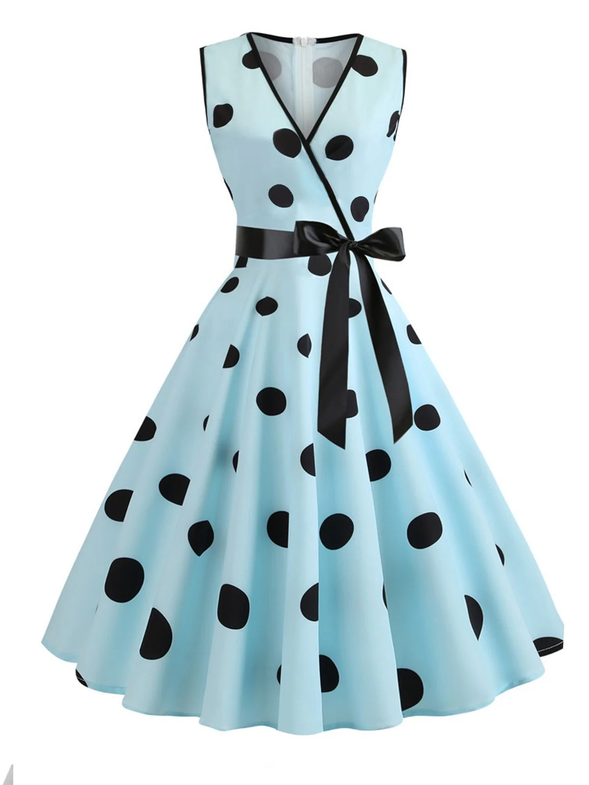 2PCS Blue 1950s Embroidery Pockets Dress & Bow Polka Dot Dress - Image 10