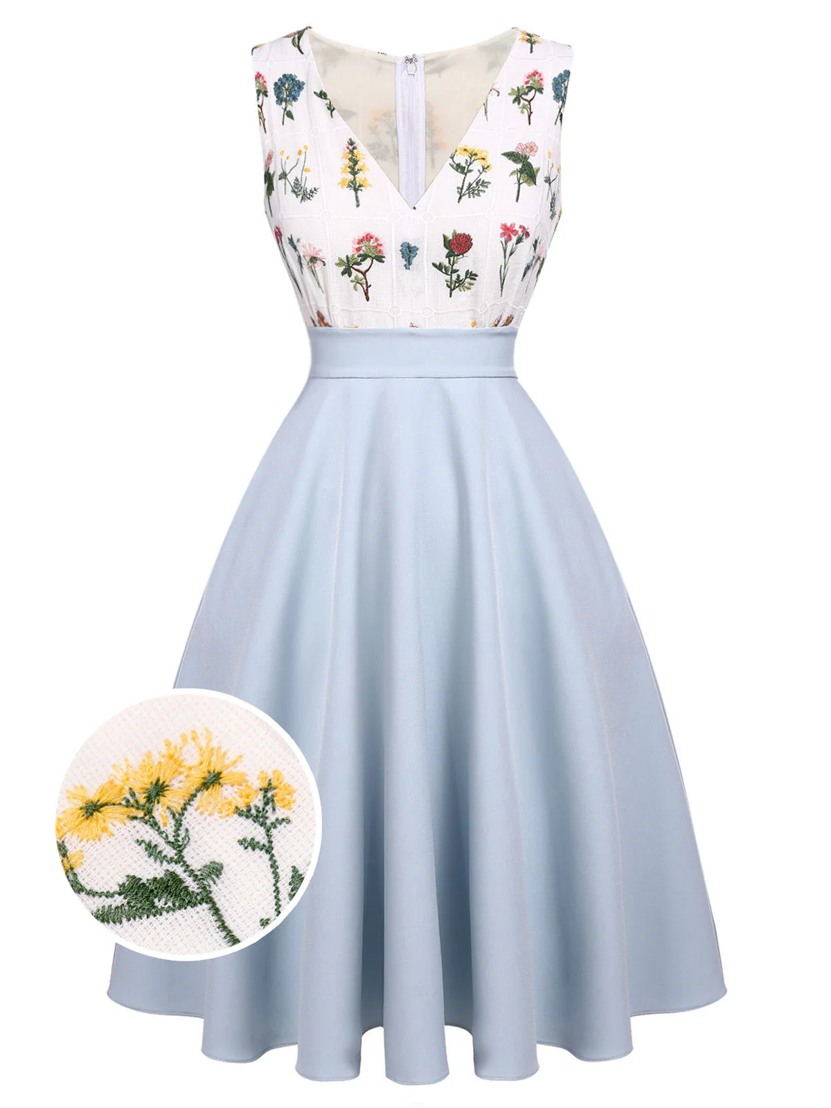 2PCS Blue 1950s Embroidery Pockets Dress & Bow Polka Dot Dress - Image 2