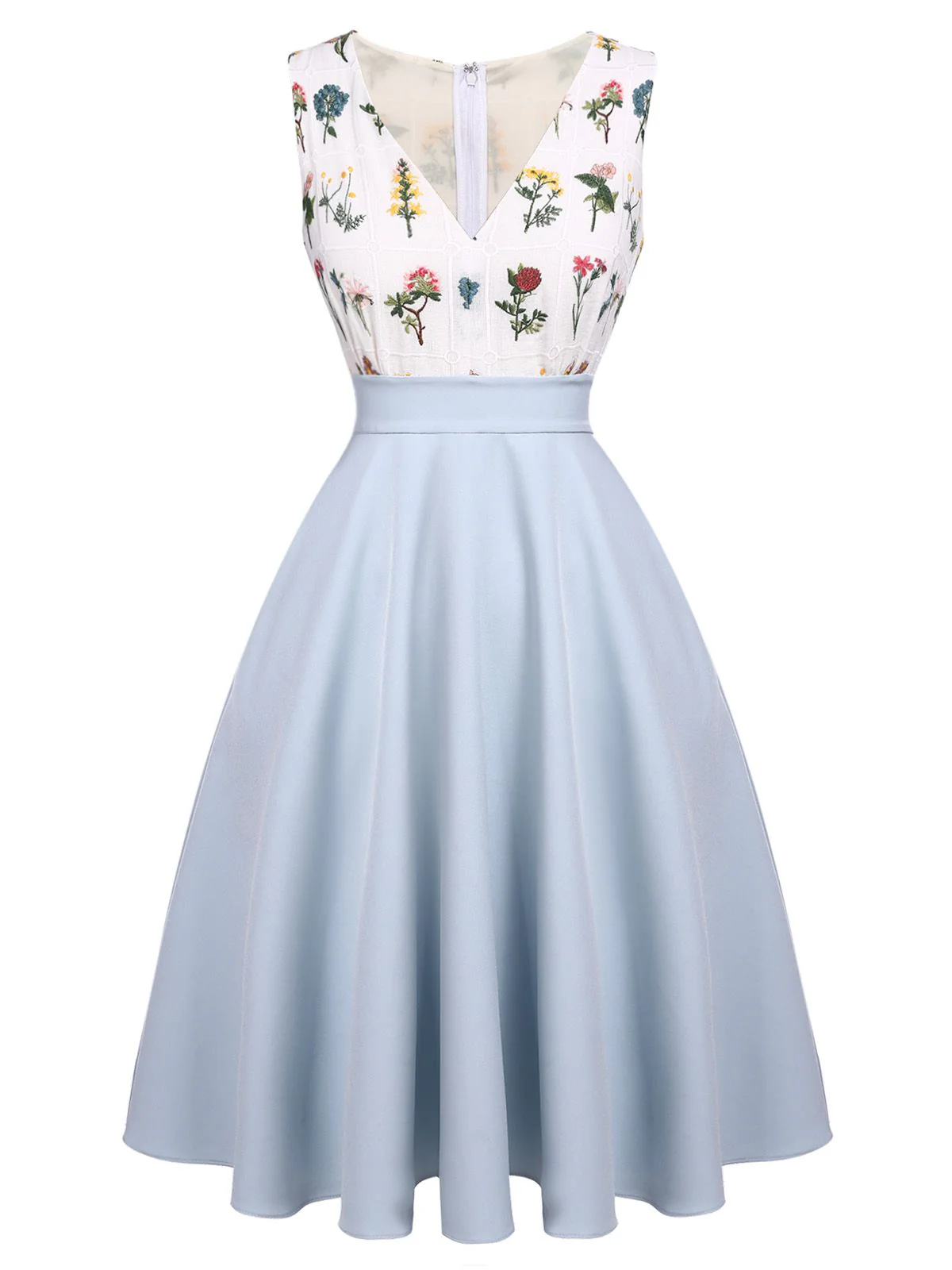 2PCS Blue 1950s Embroidery Pockets Dress & Bow Polka Dot Dress - Image 3