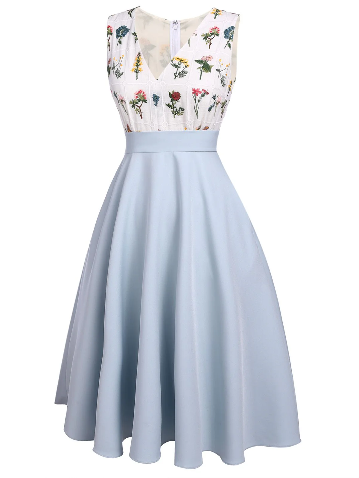 2PCS Blue 1950s Embroidery Pockets Dress & Bow Polka Dot Dress - Image 4