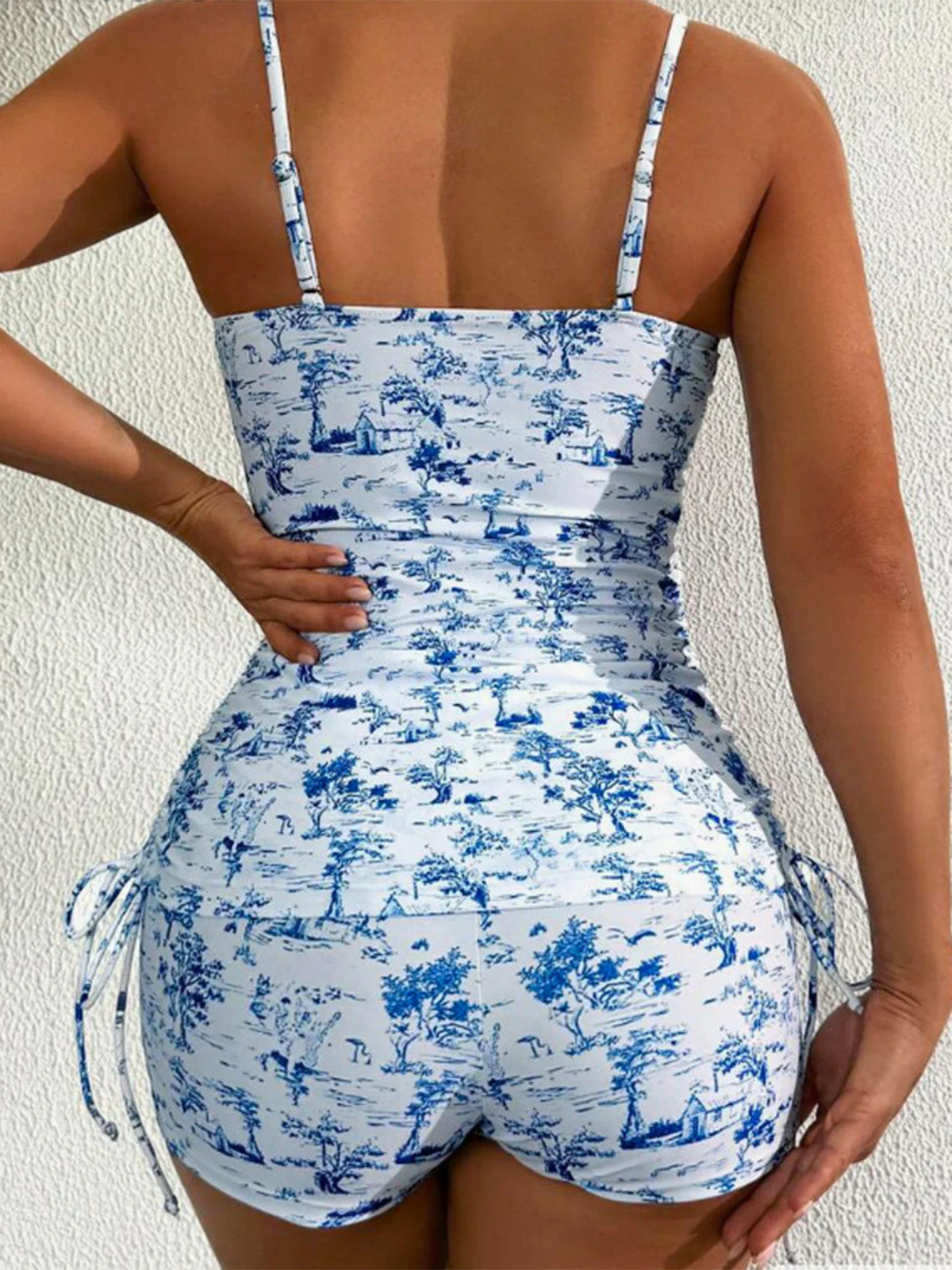 2PCS Blue 1950s Floral Pleated Tankini & High-Waist Shorts - Image 4