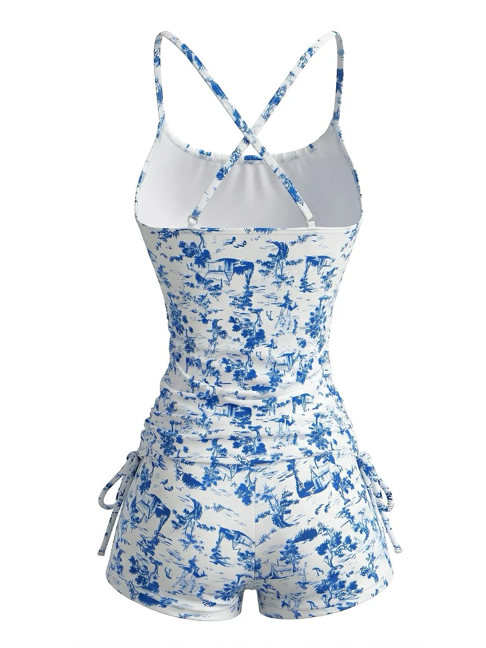 2PCS Blue 1950s Floral Pleated Tankini & High-Waist Shorts - Image 5