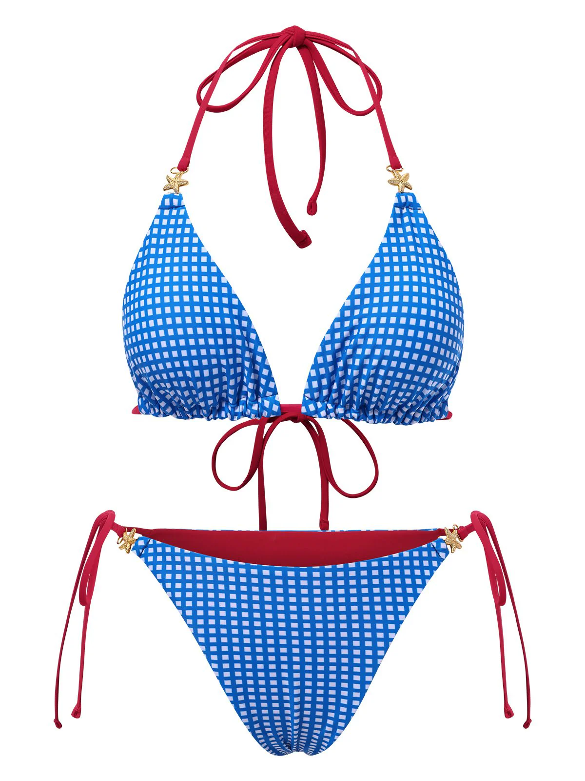 2PCS Blue 1950s Halter Plaid Alloy Star Bikini Set & Shorts - Image 2