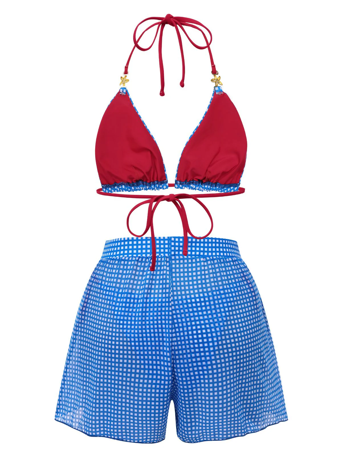 2PCS Blue 1950s Halter Plaid Alloy Star Bikini Set & Shorts - Image 5