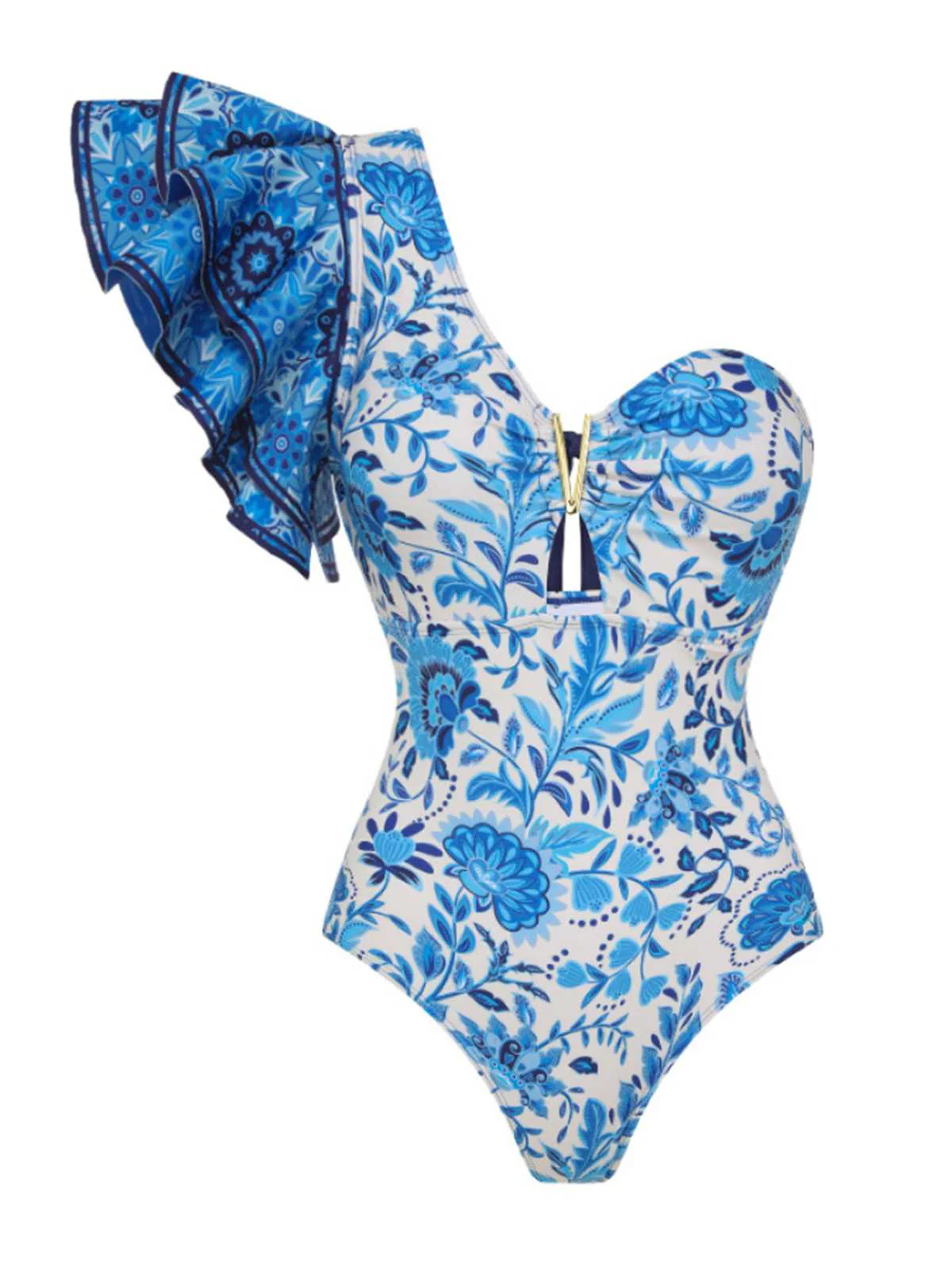 2PCS Blue 1950s One-Shoulder Print Swimsuit & Cover-Up - Image 2