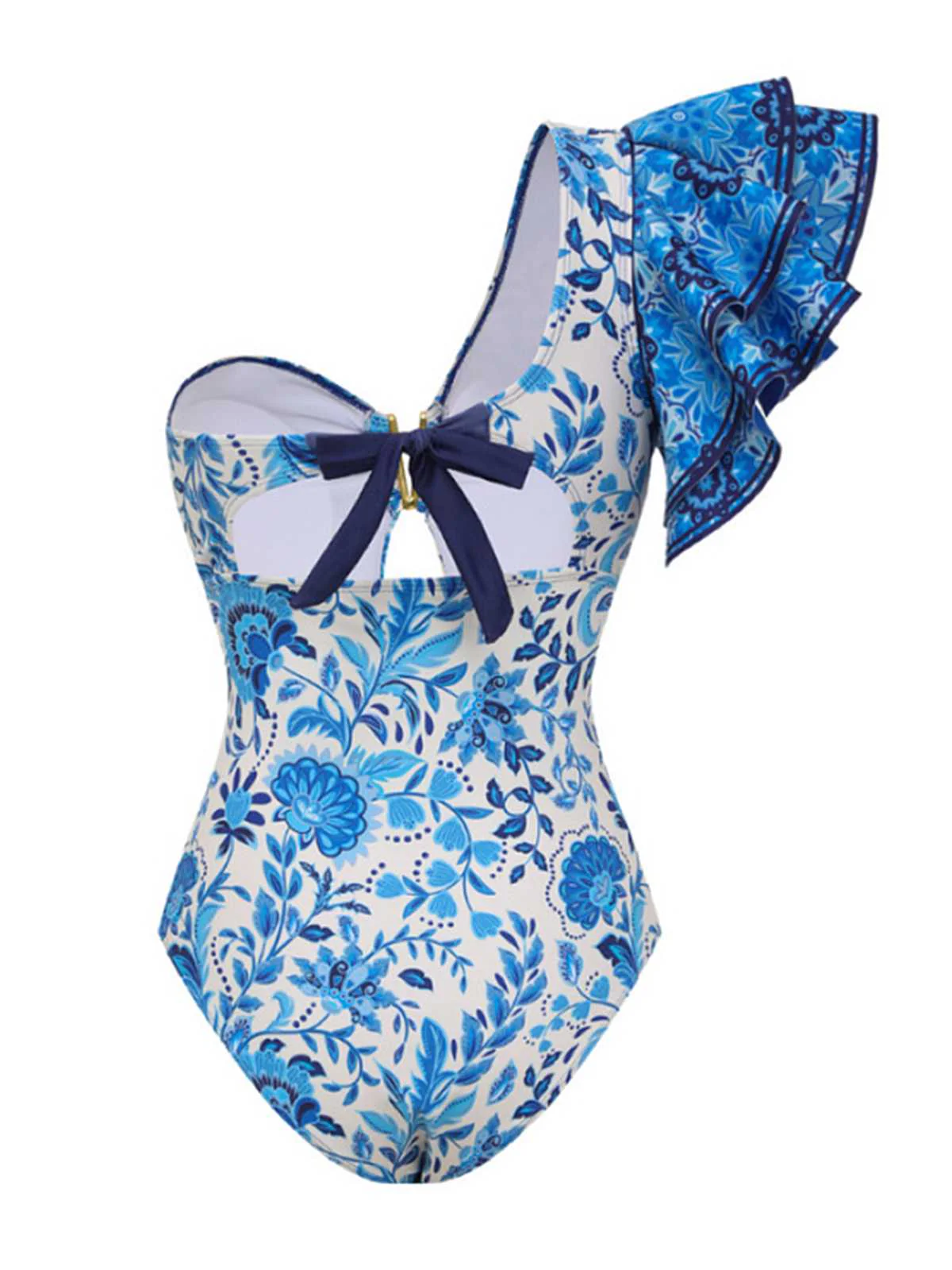 2PCS Blue 1950s One-Shoulder Print Swimsuit & Cover-Up - Image 3