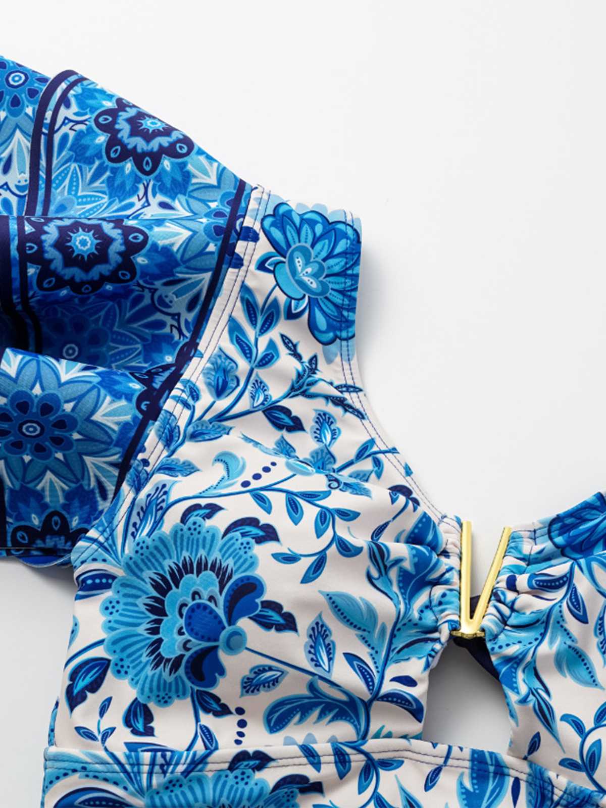 2PCS Blue 1950s One-Shoulder Print Swimsuit & Cover-Up - Image 4