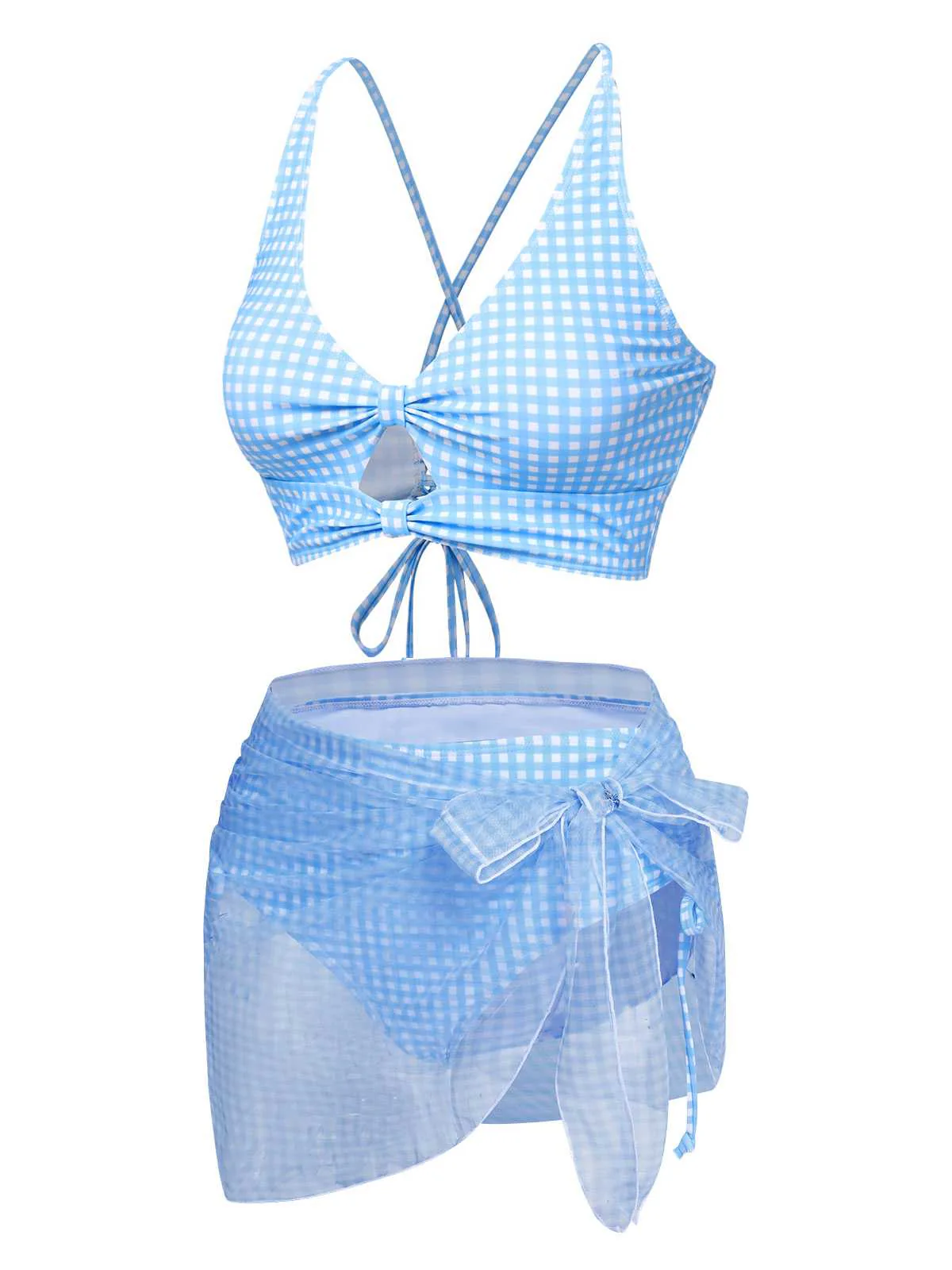 2PCS Blue 1950s Plaids Swimsuit & Mesh Cover-Up - Image 3