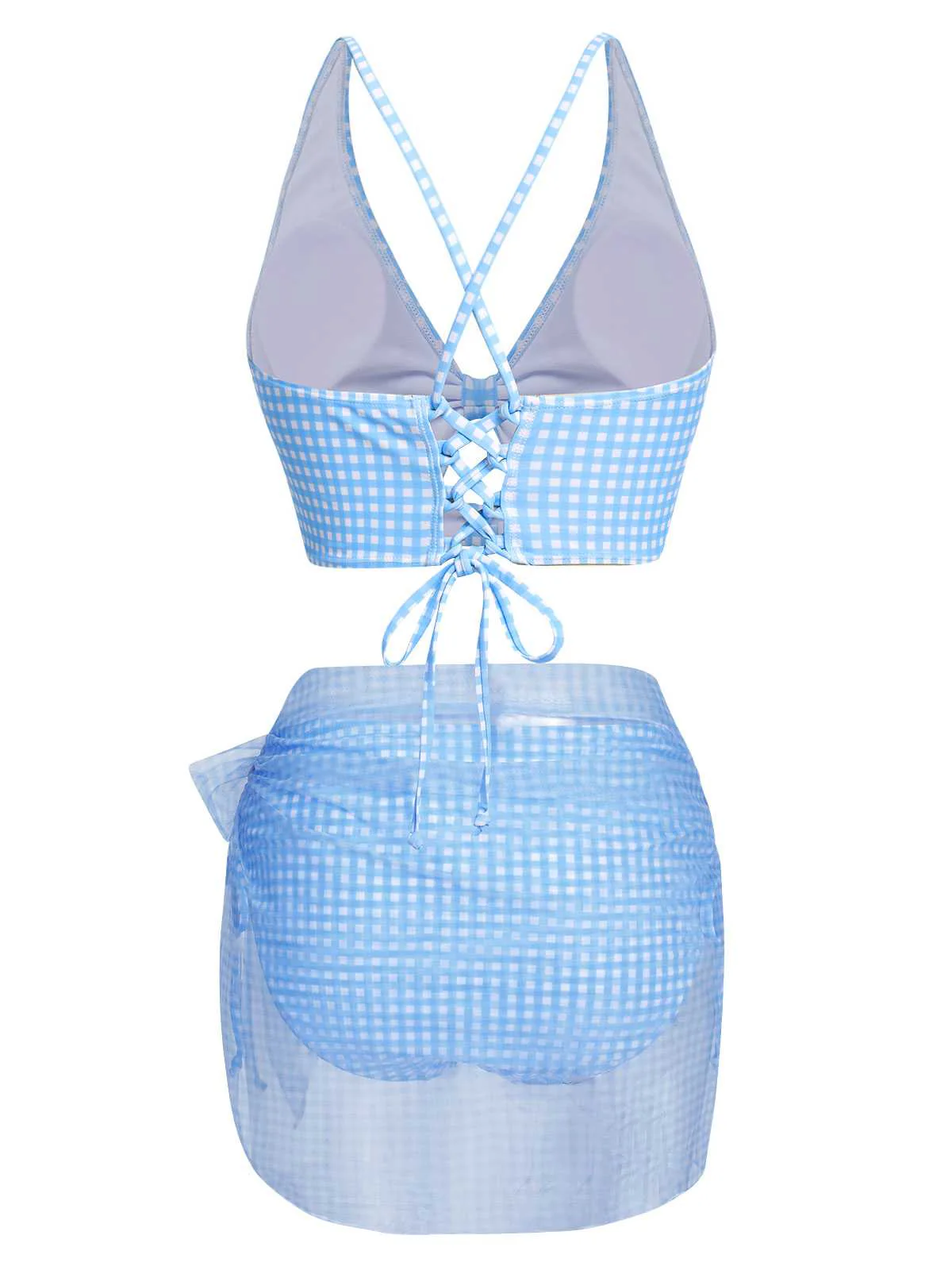 2PCS Blue 1950s Plaids Swimsuit & Mesh Cover-Up - Image 4
