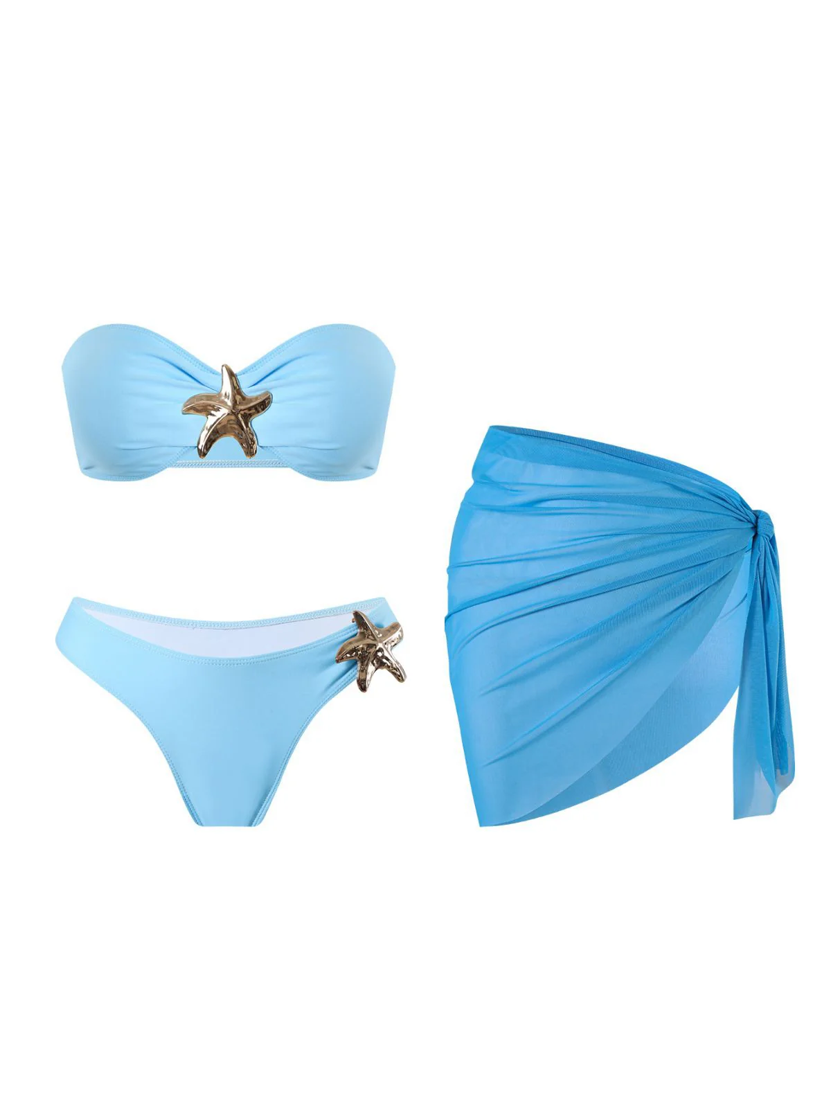 2PCS Blue 1950s Solid Starfish Bandeau Bikini Set & Cover Up - Image 2