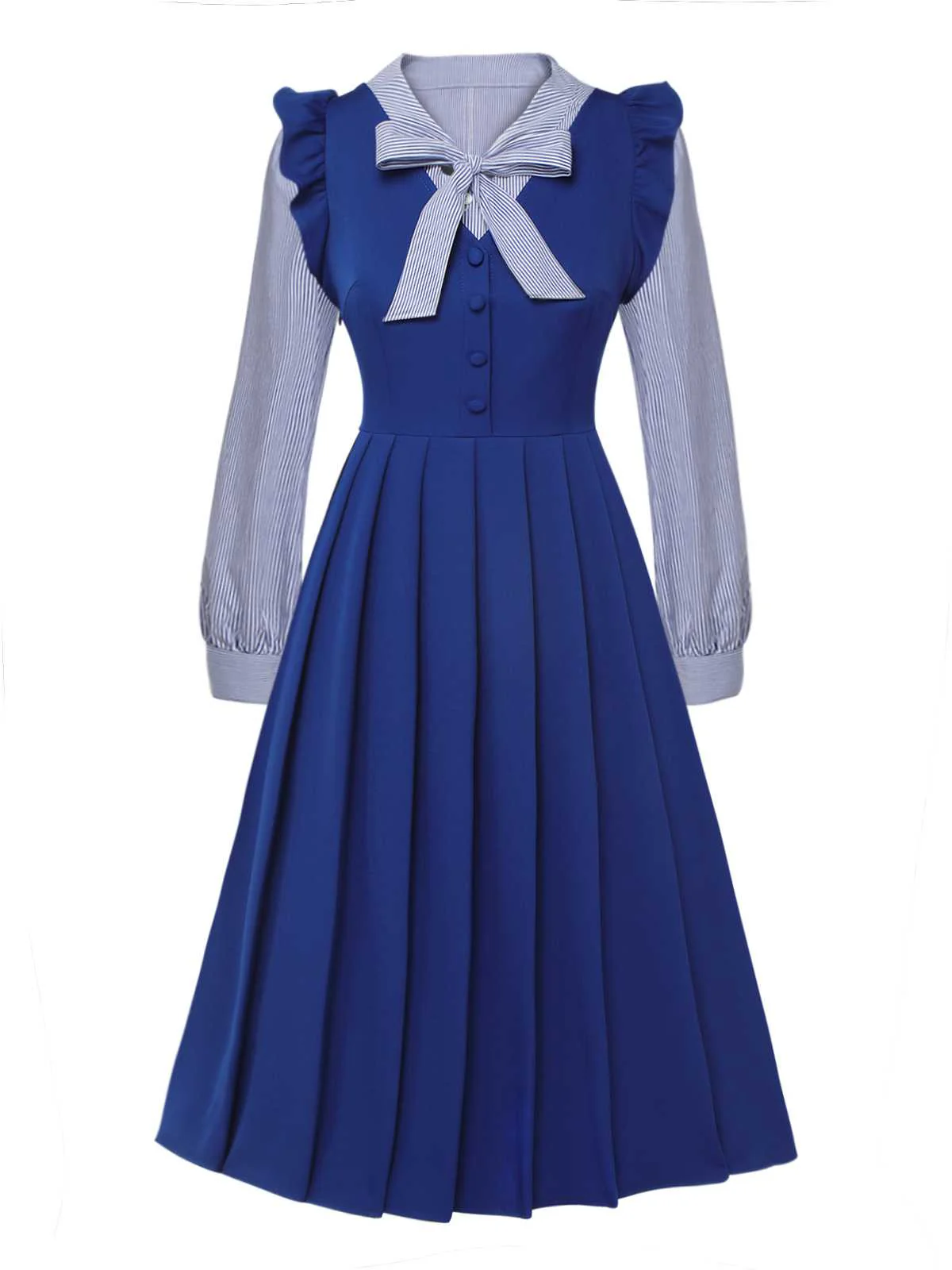 2Pcs Blue 1950s Tie Neck Stripes Blouse & Ruffles Vest Dress - Image 2
