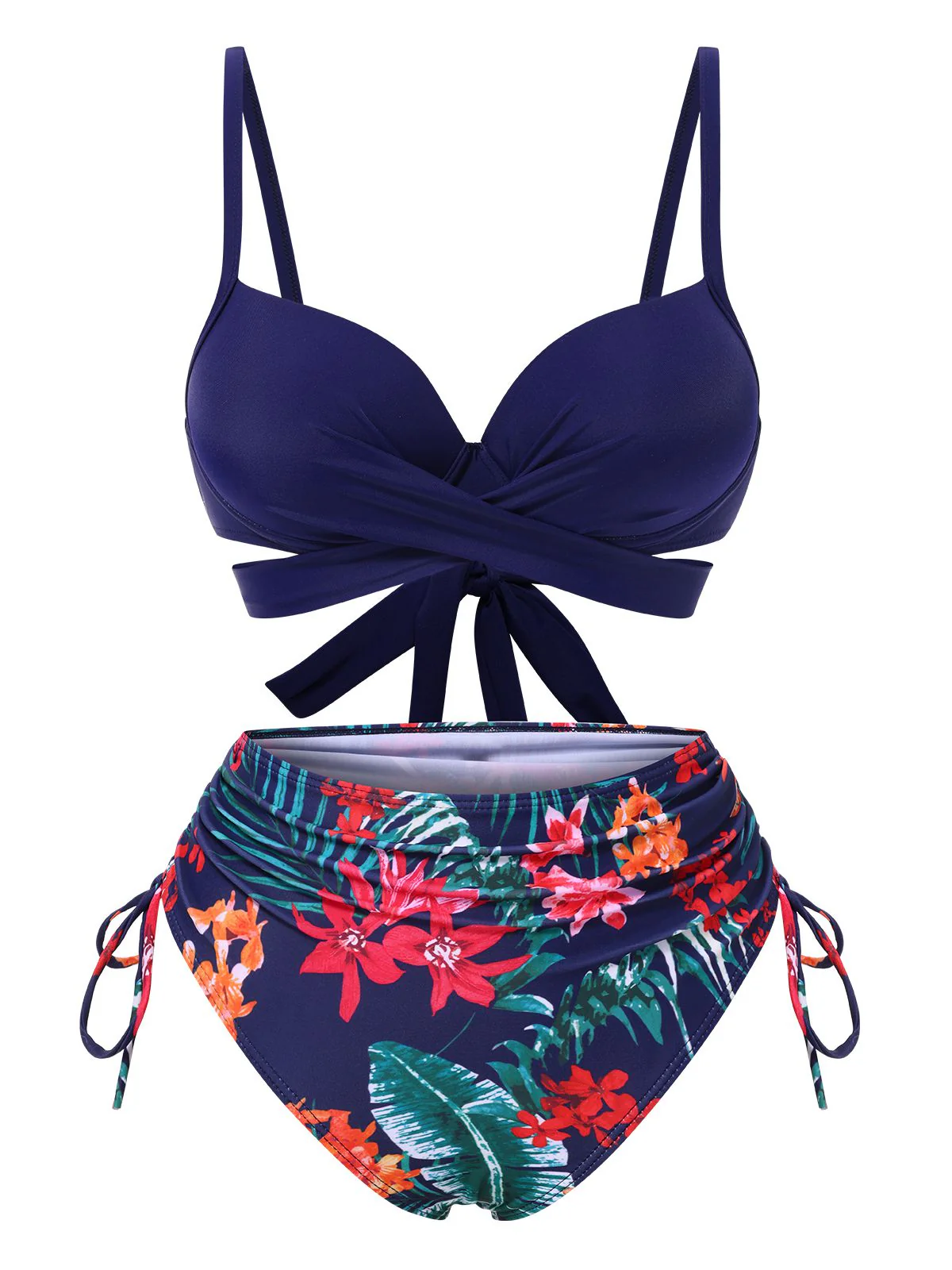 2PCS Blue 1960s Floral Plant Print Bikini Sets & Cover-Up - Image 2