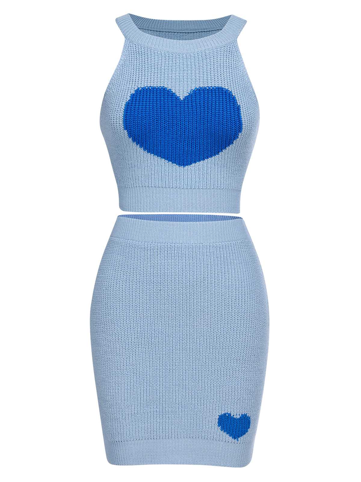 2PCS Blue 1960s Knitted Heart Cropped Top & Skirt - Image 2